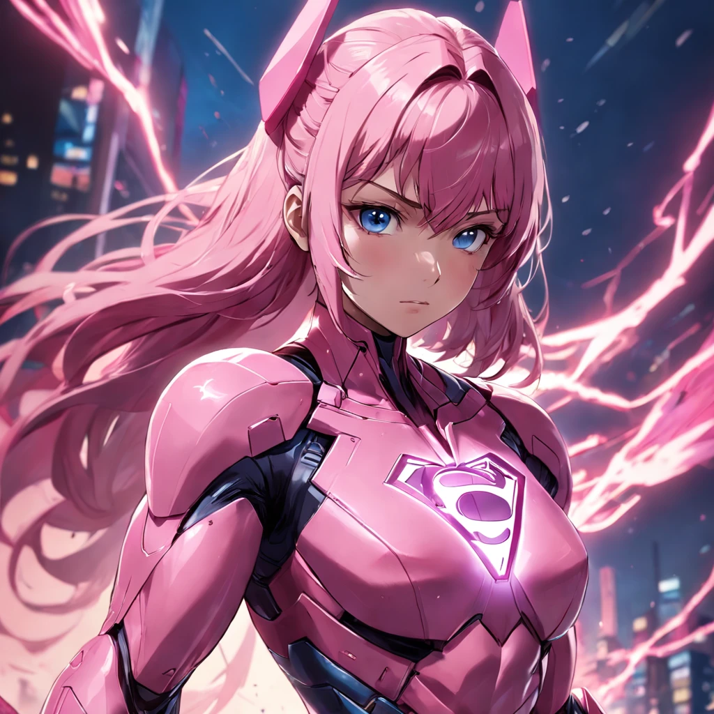 Realistic depiction of an advanced cybersuit in pink color, DC Comics' Superman