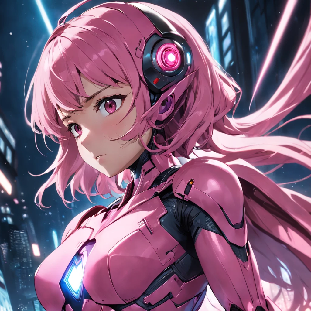 Masterpiece, best quality, Highly detailed face, highly detailed background, perfect light, Japanese, very long hair, pink hair, tight outfit, tight armor, robot outfit, white outfit with pink stripes, cyber outfit, lightning all around, white stockings, pink shoes, cat ears, , flat chest, legs raised, sitting on top of a pole.