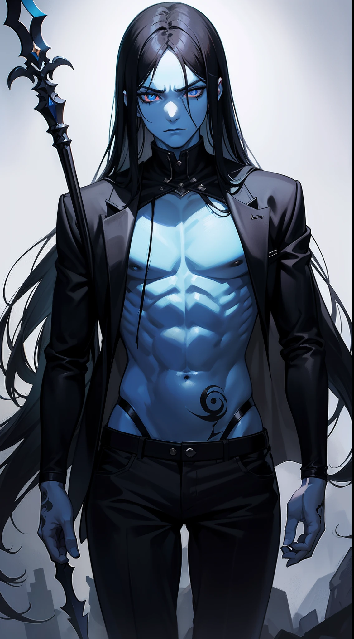 adult man, Long black hair, eyes without pupils, blue skin, Thin, open torso, Tatoo, Demon Pants, spear, emotionless look, blue lipstick, Masterpiece, hiquality