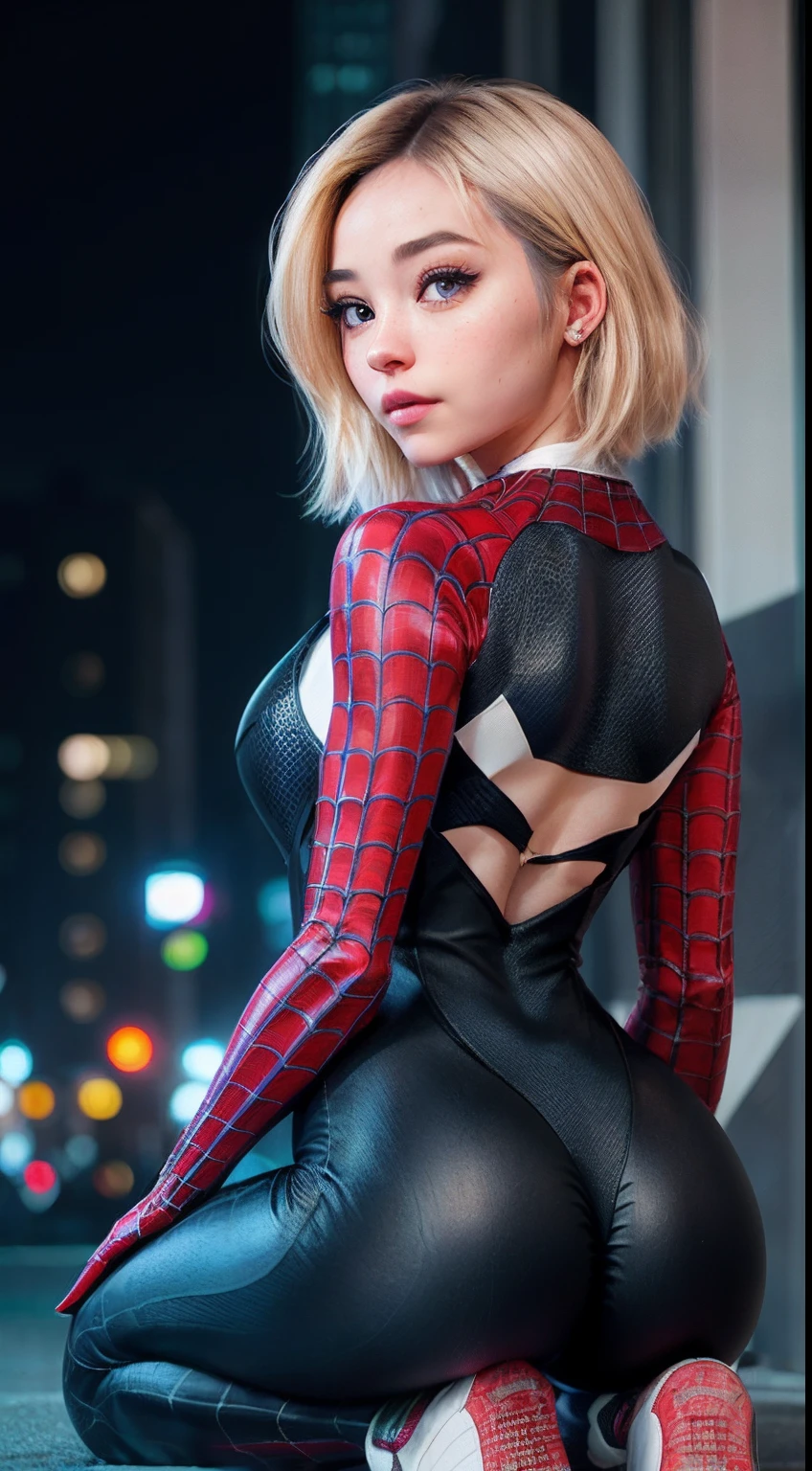 (Masterpiece), ((Best quality)), parted lip, Light_Smile, Cinematic lighting, Ultra-realistic, ((Realistic)), (Gwen_stacy), Blonde_Hair, short_Hair, Solo, side cut, asymmetrical_Hair, parted_Lips, eyebrow_Piercing, (Detailed face), Aesthetic 1 girl, 1girll, Look pitifully at the audience, (Beautiful detailed eyes), tightsuit, spider-suit, White sweater, Portrait, full bodyesbian, (side of head shaved), (Large breasts), Giantess angle, ((shot from far away)), Kneeling, posed for photo, spread their legs, Thin legs, Bokeh, Depth of field, intricately detailed background, En plein air, skyscrapper, (Night:1.6), Neon light, the roof, ((Masterpiece)), Best quality, absurderes, NSFW, photo-realistic, a Pretty Japanese woman, (Perfect detailed face), Detailed eyes, Detailed mouth, Detailed pale skin, Black hair, Fascinating, Seductive, Alluring, Mature face, bangs