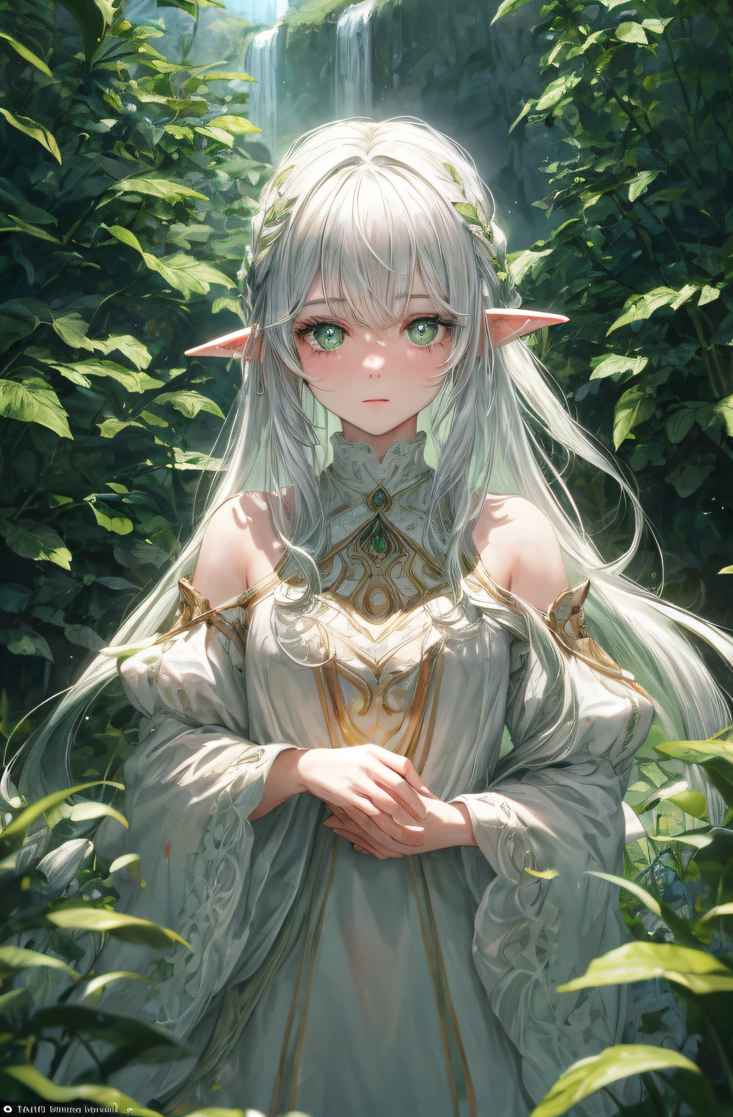 Masterpiece, Excellent painting, illustartion, 1 girl, Cute, (dynamic light: 1.2), cinematiclight, delicate facial features, (Beautiful eyes: 1.2), (bright green eyes: 1.233), Waterfall Hair, very long white hair, elf ears, Depth of field, Background bokeh, Clear Focus, (Super detailed, Halo, Glow: 1.4), Long white hair, Beautiful girly face, Fair, medium, (bare shoulders: 1.1), (: 1.1), Dress, finished in white, Gentle gorgeous, (Split sleeves, wide sleeves), leafy green hairpin
