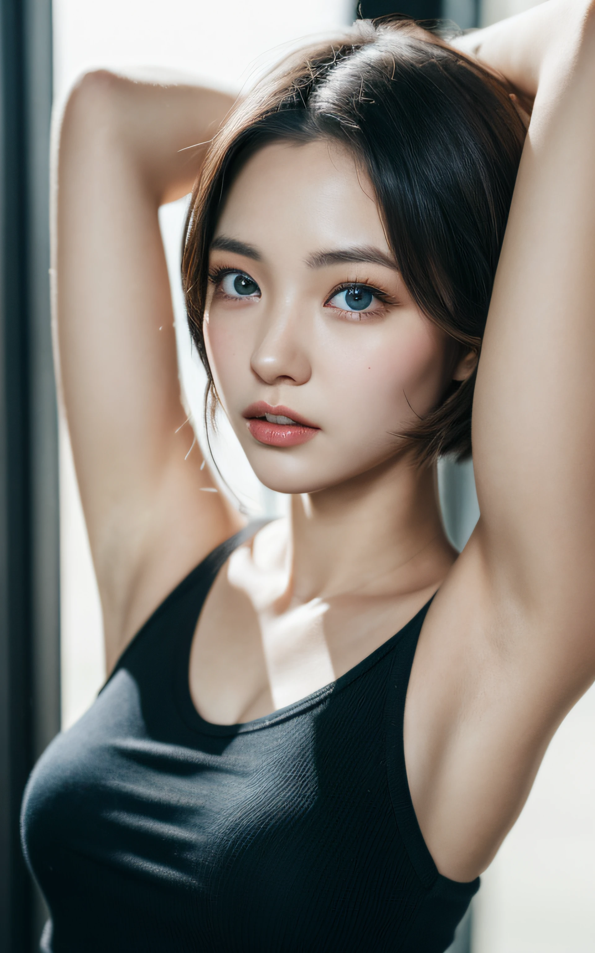 Highly detailed CG Unity 8k wallpaper, top quality, super detailed, masterpiece, realistic, photo realistic, very detailed cute girl, 25 years old, round eyes, viewer, blush, parted lips, upper body , armpit , short hair , tanktop