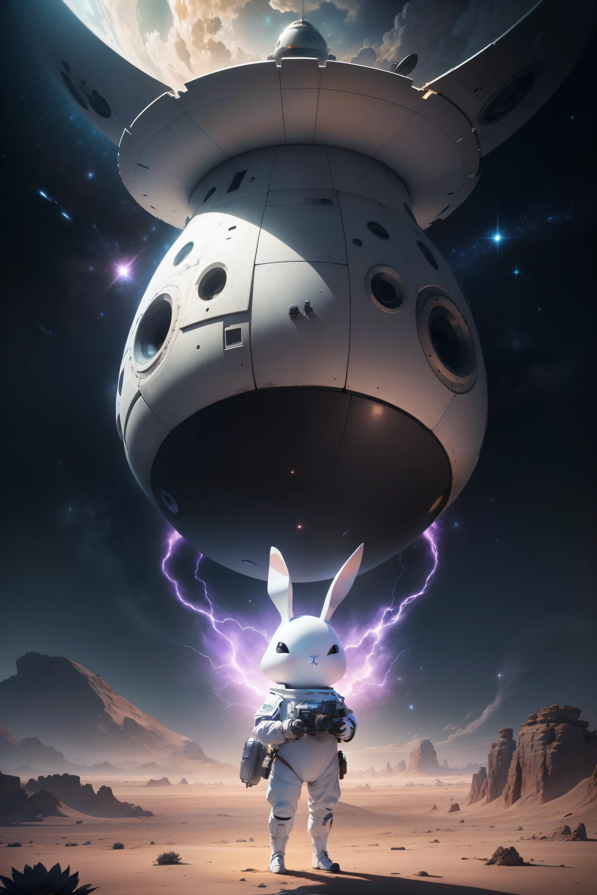 A Strange little white bunny, lands a black sunflower seed shaped spaceship, on an alien desert planet with many oasis, every step he takes explodes in colored light and sound shockwaves, alien peoples greet him, dust sky of fluffy clouds colored by magentas blues and violets, 64k resolution photorealistic hyperdetailed beginning to see stars in the evening sky in the art style of 1970's sci-fi fiction paperback novels.