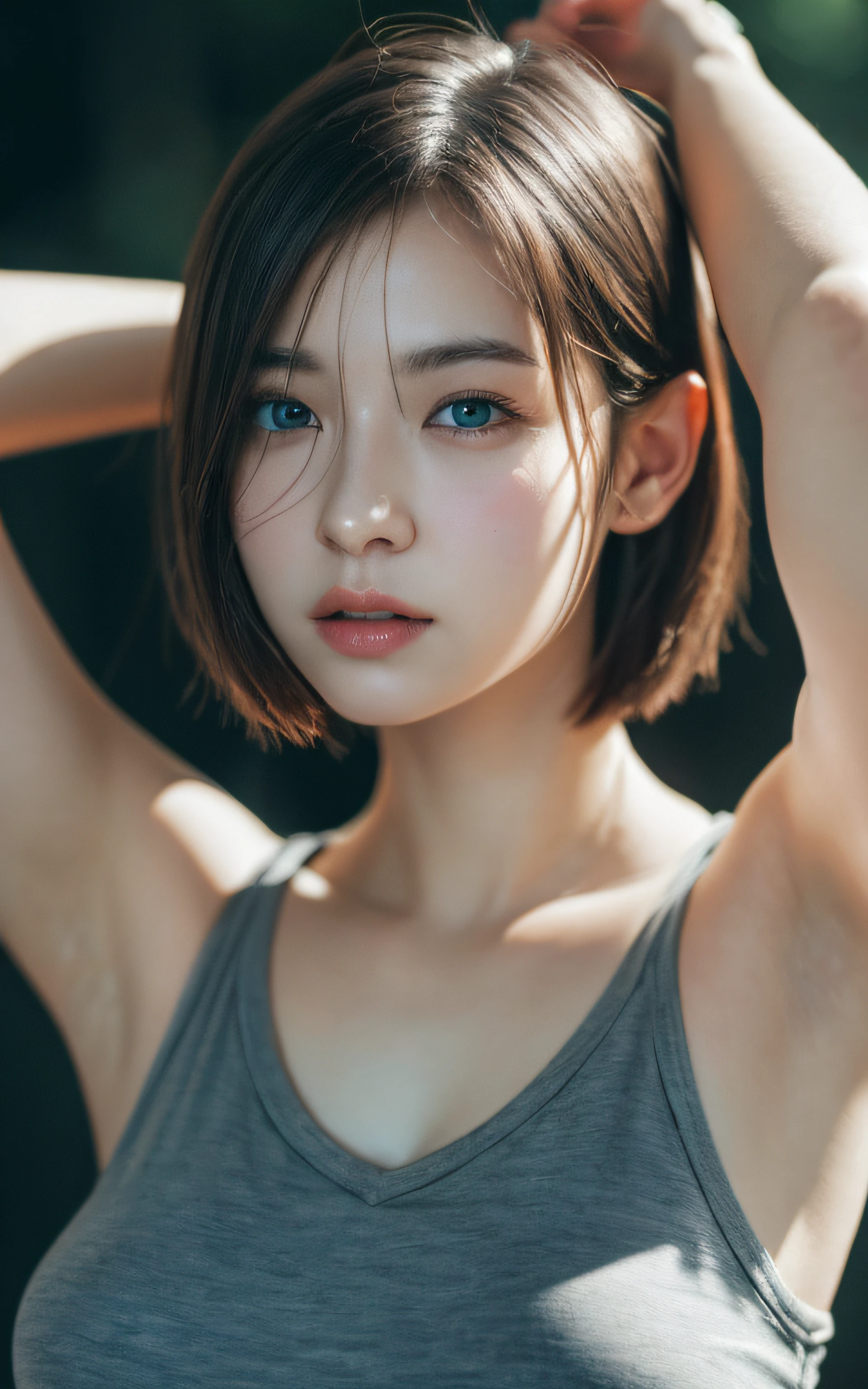 Highly detailed CG Unity 8k wallpaper, top quality, super detailed, masterpiece, realistic, photo realistic, very detailed cute girl, 25 years old, round eyes, viewer, blush, parted lips, upper body , armpit , short hair , tanktop