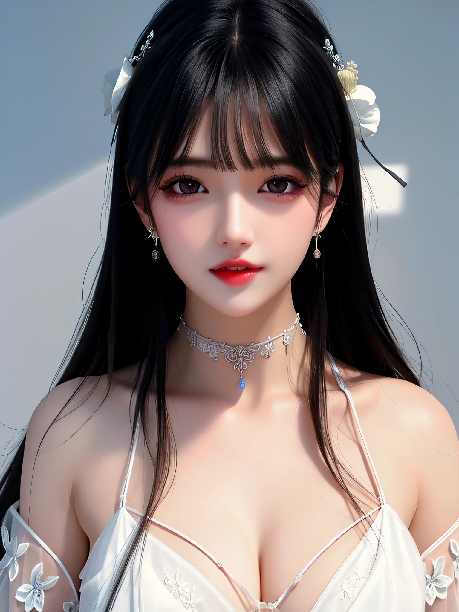 A high resolution、1girl、perfect body figure :1.4,Sheer silk porcelain dress、White bandeau(focal point),Tight underwear,Nice face、hair adornments、looking at viewert、 (cparted lips:1.5),white dresses、Luxuriously silky bright red chiffon overshine(Illusion,glitters,Ultrathin,softness,),hair adornments、choker necklace、jewely、The hairstyle is very long,Wavy、耳Nipple Ring、pretty face、on the body、Tindal effect、hentail realism、Shadow Studio、edge lit、bicolor lighting、(highdetailskin:1.2)、8k UHD、DSLR、softlighting、high high quality,Volumetriclighting,photore,High resolution 4K,8k,blur backgroun,Exposed cleavage