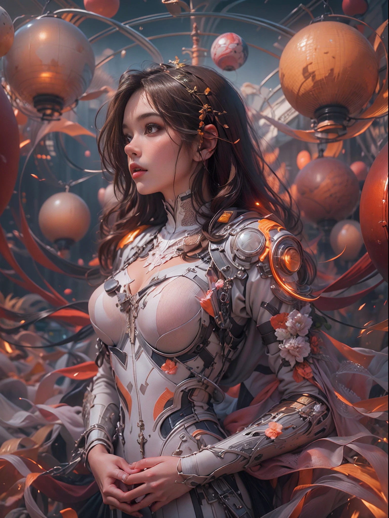 beautiful 25 year old girl, ella esta ubicada en el centro, Lake with mountains in the background, spheres with fractal designs around, cyberpunk, Fractal design in the background, FUTURISTICA, golden ratio, 3D tessellation of metal structures, neuronal graph, neuronas, Color, amor, passion, oil on canvas, pinceladas gruesas, Stunningly Detailed, 8k, obra maestra, Artstation, surrealista, obra maestra, realista, realismo, fotorrealismo, alto contraste, photorealistic digital art trending on artstation 8k hd high definition detailed realistic, detallado, textura de la piel, hiper detallado, textura realista de la piel, armadura, mejor calidad, ultra-high-resolution, , high resolusion, detallado, foto sin procesar, nikon d850 film stock photograph 4 kodak portra 400 camera f1.6 Lens rich colors hyper realistic texture dramatic lighting UnrealEngine trend in Artstation Cinestill 800,
