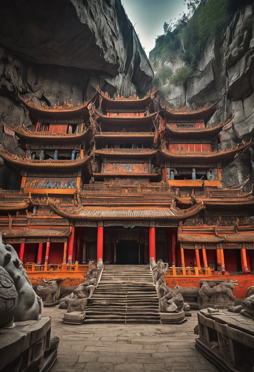 Longmen Grottoes,Grotto figure,Inside the cave,in a panoramic view,ancient china art style,