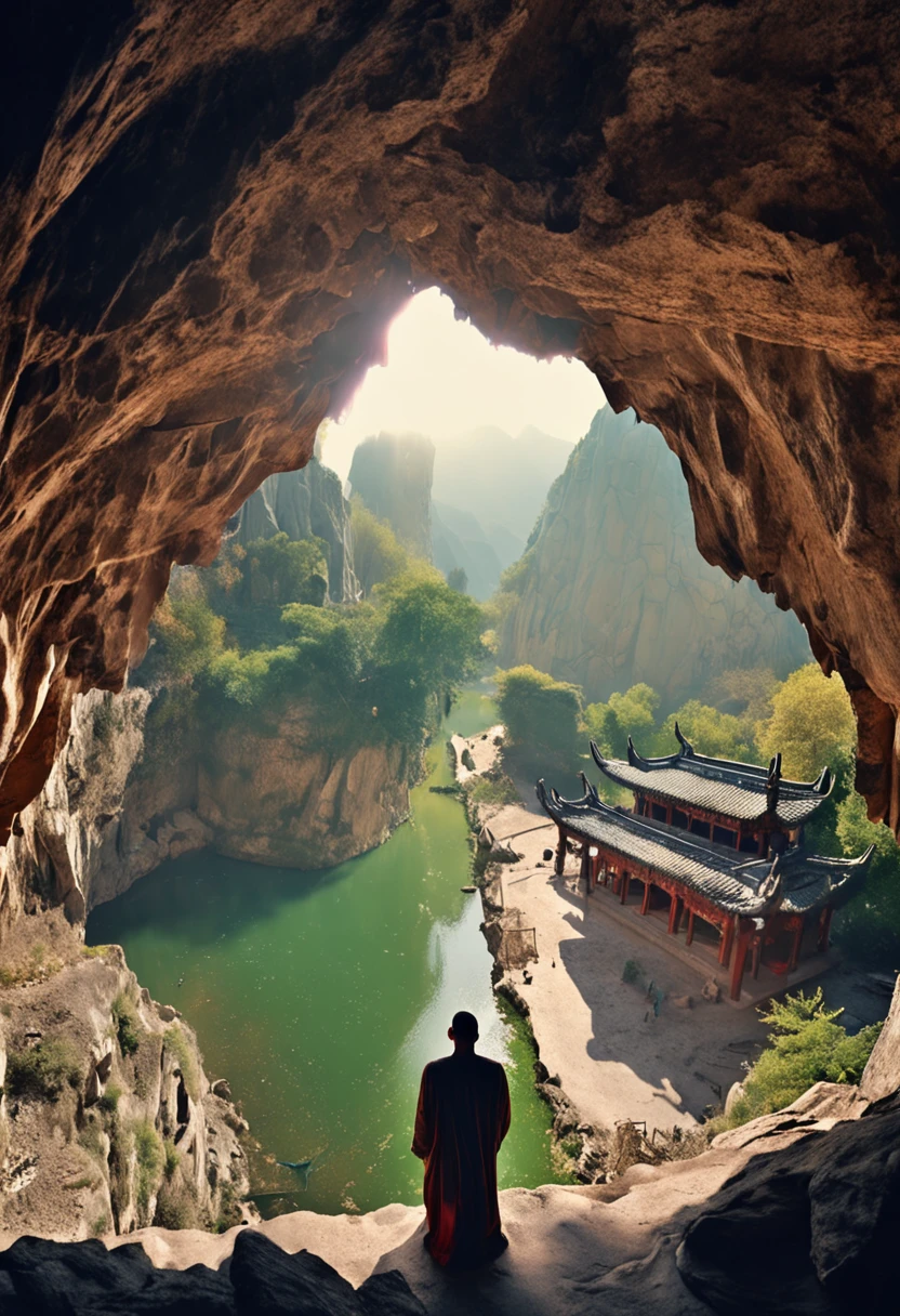 Longmen Grottoes，Grotto figure，Inside the cave，in a panoramic view，ancient china art style，