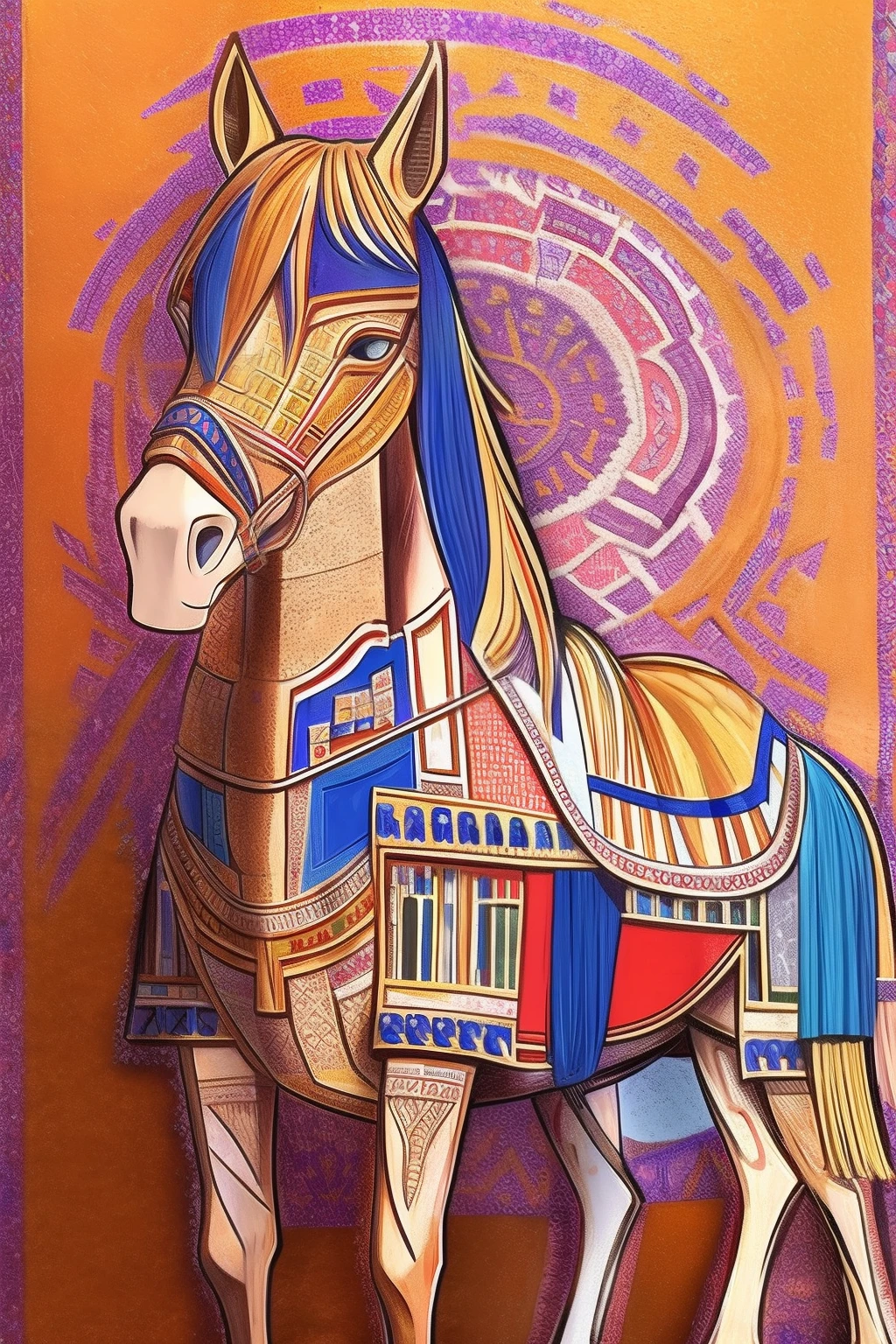 Homer's《Iliad》The subject, Trojan horse, Byzantine mosaics made with colorful inlays, High contrast, In the style of San Vitale mosaic