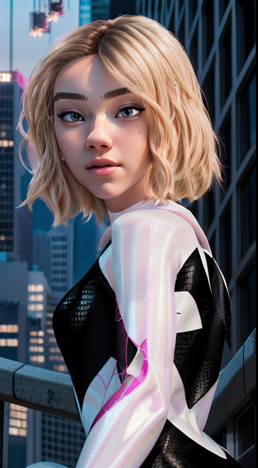 (Masterpiece), ((Best quality)), parted lip, Light_Smile, Cinematic lighting, Ultra-realistic, ((Realistic)), (Gwen_stacy), Blonde_Hair, short_Hair, Solo, side cut, asymmetrical_Hair, parted_Lips, eyebrow_Piercing, (Detailed face), Aesthetics 1 girl, 1girll, Look pitifully at the audience, (Beautiful detailed eyes), tightsuit, spider-suit, White sweater, Portrait, full bodyesbian, (side of head shaved), (Large breasts), Giantess angle, ((shot from far away)), Kneeling, posed for photo, spread their legs, Thin legs, Bokeh, Depth of field, intricately detailed background, En plein air, skyscrapper, (Night:1.6), Neon light, the roof, ((Masterpiece)), Best quality, absurderes, NSFW, photo-realistic, a Pretty Japanese woman, (Perfect detailed face), Detailed eyes, Detailed mouth, Detailed pale skin, Black hair, Fascinating, Seductive, Alluring, Mature face, bangs