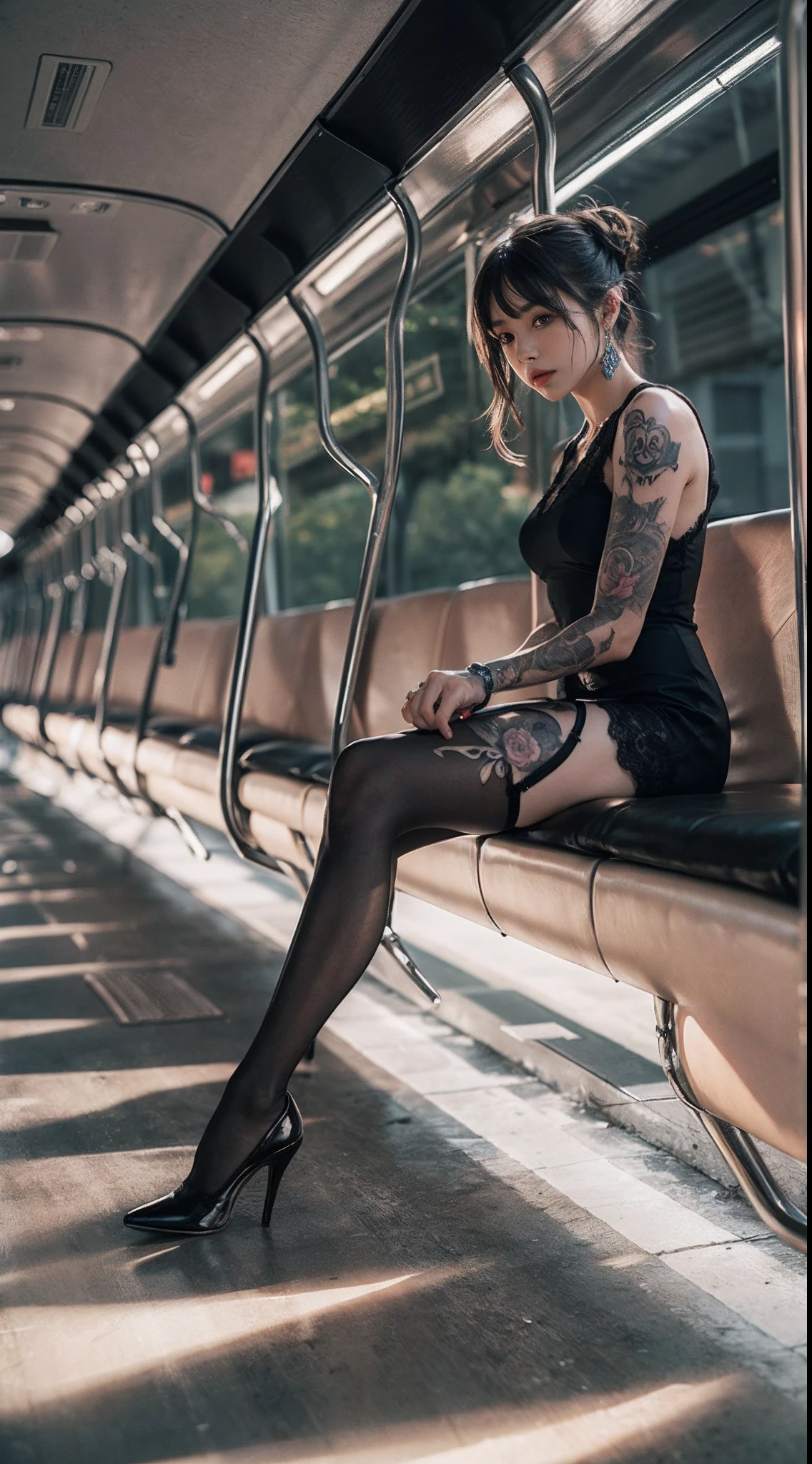 (full bodyesbian:1.5)，((Girl):1.4),(view the viewer:1.4)，(anatomy correct:1.3),(sitting on a bus:1.2),(Black sexy lace V-neck dress :1.2),((Black stockings):1.3),( Girls pointed-toe thick heels :1.1)，(foot ring:1.3),(Accurate and perfect face:1.3),(Tattoos with a large area of the whole body，tattoos on the arms，Tattoo on the chest，leg tattoos)，hyper HD, Ray traching, reflective light， structurally correct, Award-Awarded, High detail, Fade-in and fade-out shadow contrast, Face lighting ，Cinematic lighting, Masterpiece, super detailing, High quality, High detail, Best quality, 16k，High contrast,