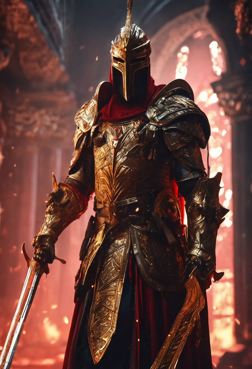 (Ultra-detailed CG unity 8k wallpaper, Masterpiece, Best quality, Depth of field, hdr, Intricate), Tall sinister dark killer，Wearing a metal mask，Bright blood-red eyes，Golden Praetorian Guard armor，Behind him is wearing a gorgeous golden cloak，In his left hand, he holds a sharp giant sword in one hand，Walk through the golden majestic palace, On both sides of the palace stood countless people wearing golden Janissary armor，(Intricate: 1.4) (Masterpiece: 1.4) (illustration: 1.4), Red studio lighting, Post-processing, 8K resolution, Dark background, Imposing, Well-composed photos, Impressive, Dark fantasy，Cinematic real