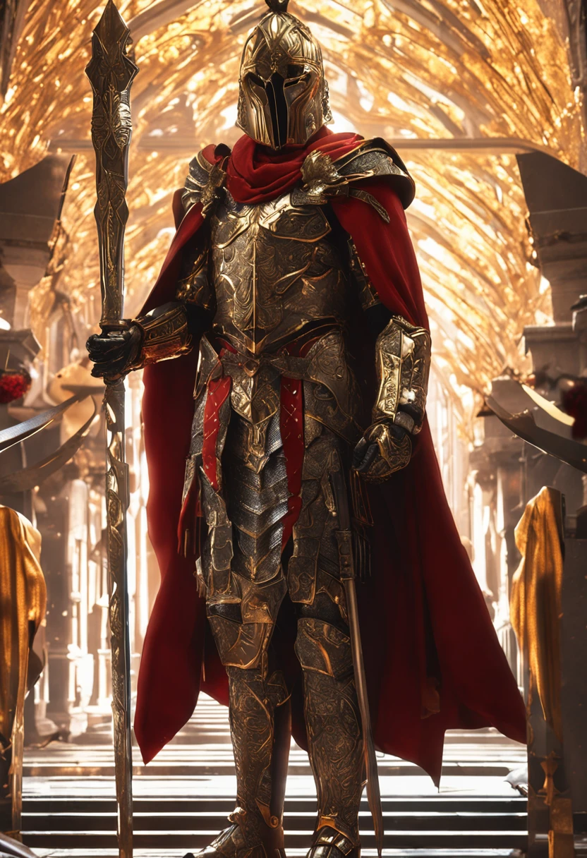 (Ultra-detailed CG unity 8k wallpaper, Masterpiece, Best quality, Depth of field, hdr, Intricate), Tall sinister dark killer,Wearing a metal mask,Bright blood-red eyes,Golden Praetorian Guard armor,Behind him is wearing a gorgeous golden cloak,In his left hand, he holds a sharp giant sword in one hand,Walk through the golden majestic palace, On both sides of the palace stood countless people wearing golden Janissary armor,(Intricate: 1.4) (Masterpiece: 1.4) (illustration: 1.4), Red studio lighting, Post-processing, 8K resolution, Dark background, Imposing, Well-composed photos, Impressive, Dark fantasy,Cinematic real