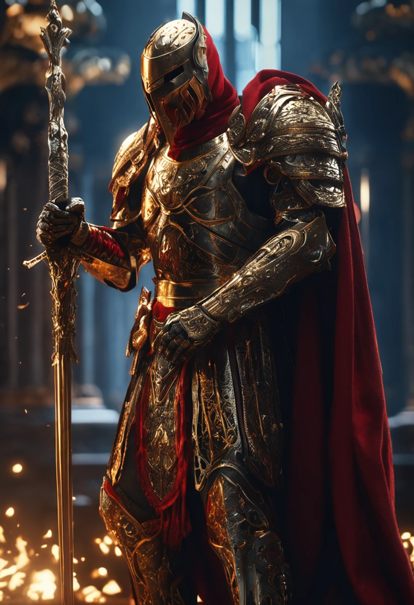 (Ultra-detailed CG unity 8k wallpaper, Masterpiece, Best quality, Depth of field, hdr, Intricate), Tall sinister dark killer，Wearing a metal mask，Bright blood-red eyes，Golden Praetorian Guard armor，Behind him is wearing a gorgeous golden cloak，In his left hand, he holds a sharp giant sword in one hand，Walk through the golden majestic palace, On both sides of the palace stood countless people wearing golden Janissary armor，(Intricate: 1.4) (Masterpiece: 1.4) (illustration: 1.4), Red studio lighting, Post-processing, 8K resolution, Dark background, Imposing, Well-composed photos, Impressive, Dark fantasy，Cinematic real