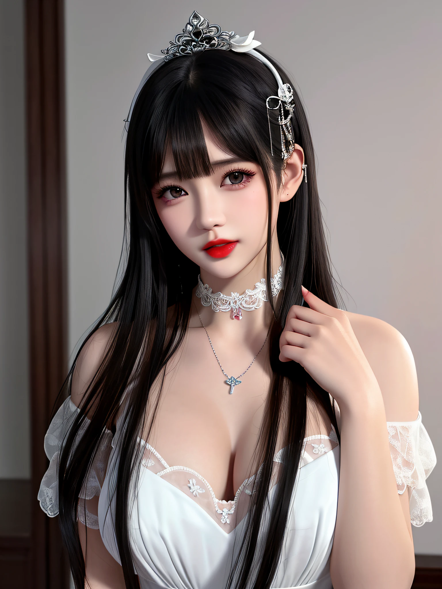 18 year old female，Milky white long hair，red eyes，very huge breasts，perfect hands，((3D anime style))，