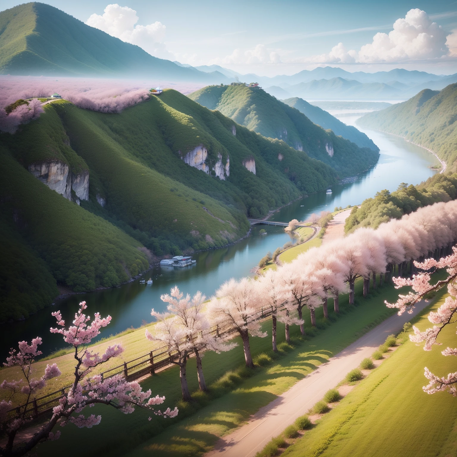 Cupcakes,Ten miles of peach blossoms,National Chao landscape,Cream wind,3Drenderingof,Beautiful