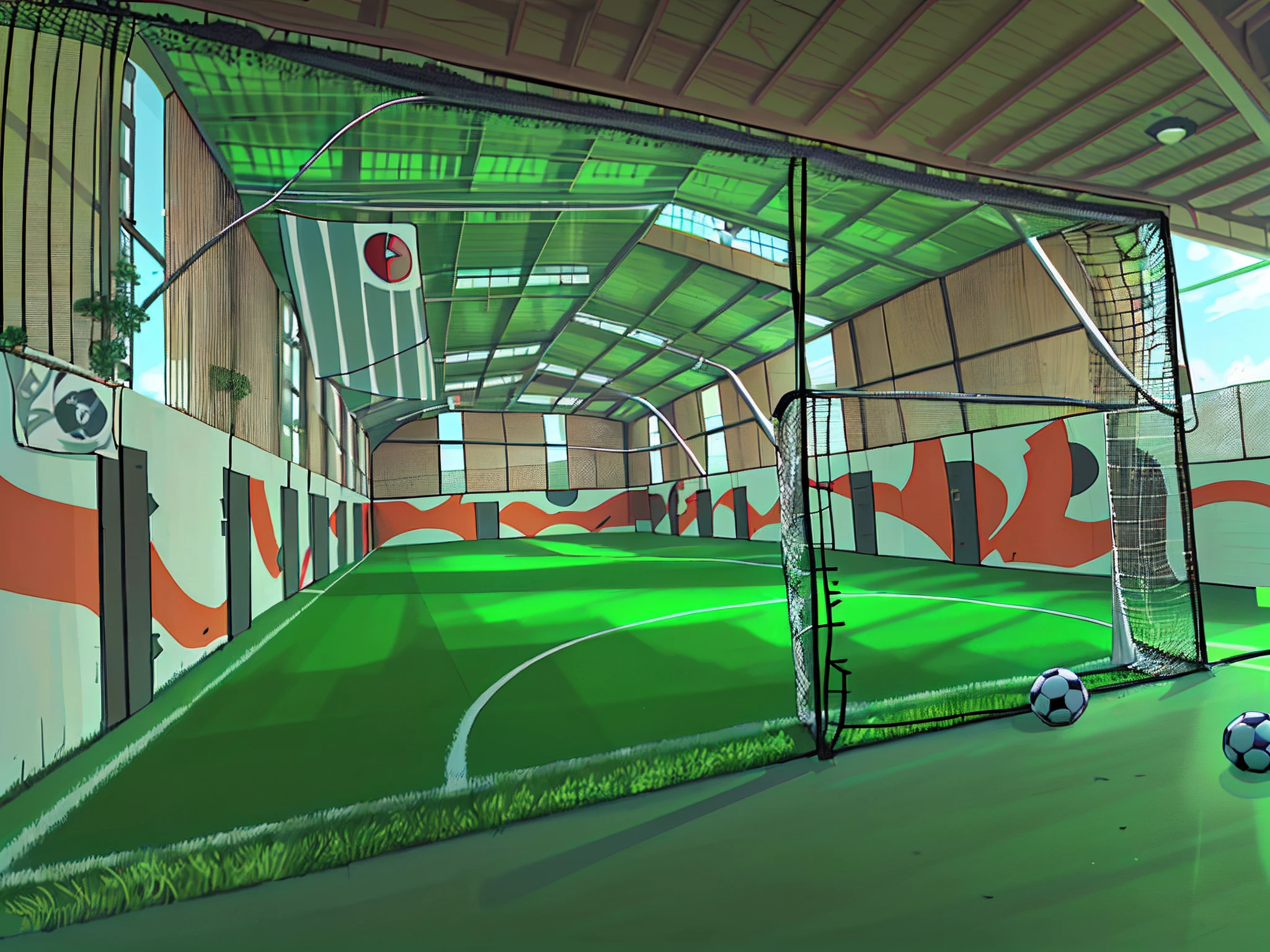 Football field with a net and a soccer ball, interior, Toma en interior, Entorno interior, Entorno deportivo, Imagen interior, Plano ancho medio, Plano amplio detallado, synthetic turf, Arcos, Disco duro, anime, sin techo, cielo despejado.