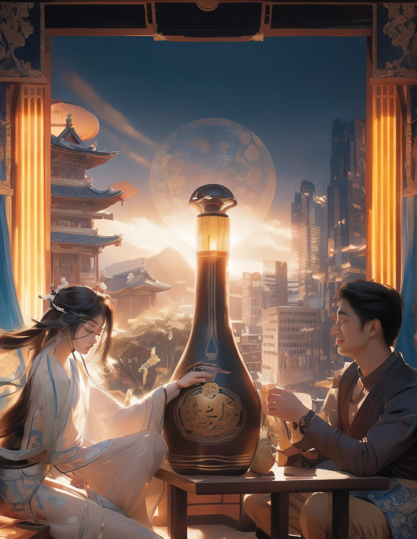 There was a man and a woman sitting on a chair with a vase, Oriental fantasy, Chinese fantasy, shirow masamune, painting of one health potion, xianxia fantasy, fantasy oil, blue djinn, inspired by Park Hua, inspired by Tsukioka Yoshitoshi, portrait shooting, inspired by Zhang Sengyao