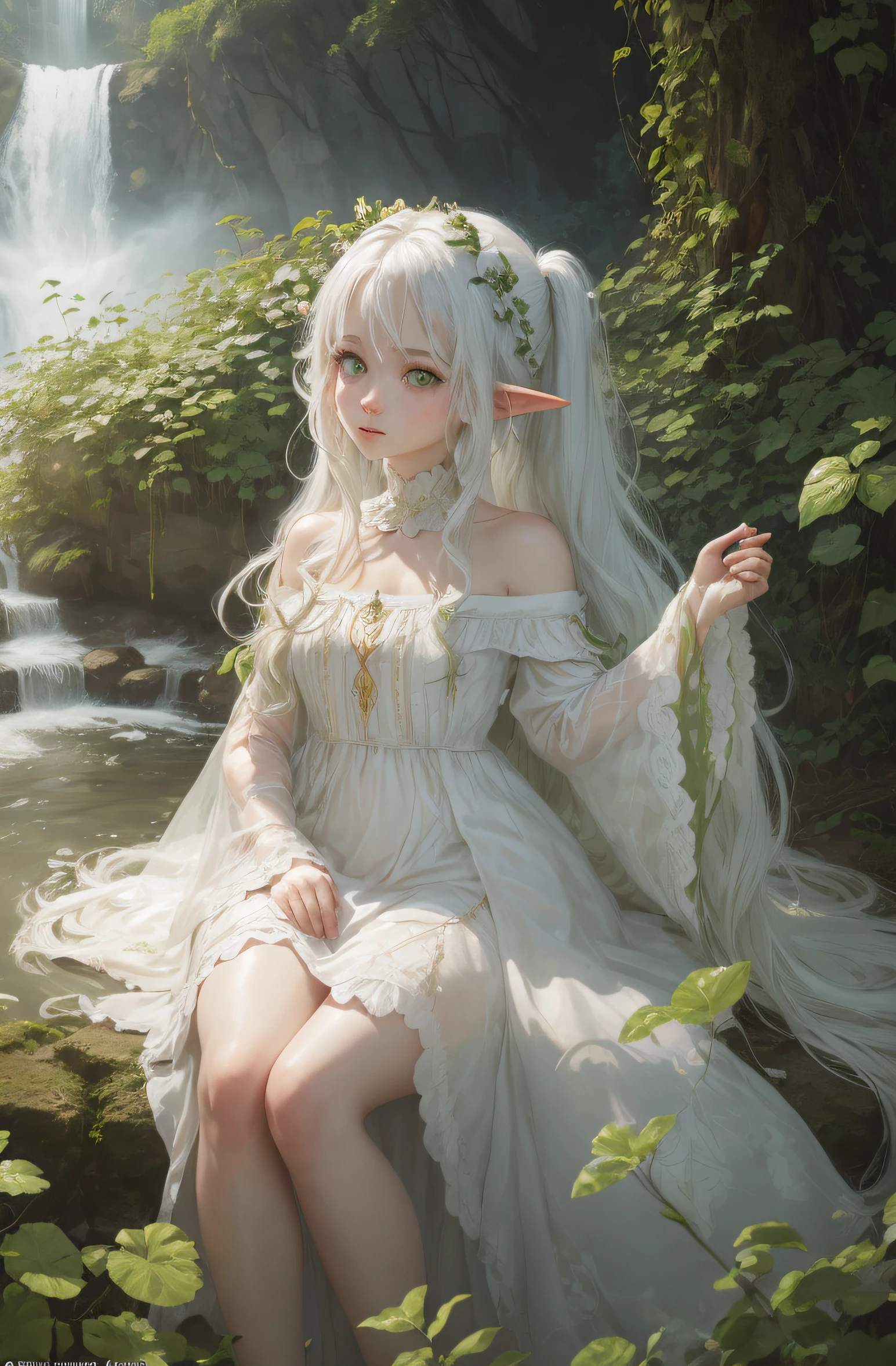 Masterpiece, Excellent painting, illustartion, 1 girl, Cute, (dynamic light: 1.2), cinematiclight, delicate facial features, (Beautiful eyes: 1.2), (bright green eyes: 1.233), Waterfall Hair, very long white hair, elf ears, Depth of field, Background bokeh, Clear Focus, (Super detailed, Halo, Glow: 1.4), Long white hair, Beautiful girly face, Fair, medium, (bare shoulders: 1.1), (: 1.1), Dress, Finish in white, Gentle gorgeous, (Split Sleeves, wide sleeves), leafy green hairpin