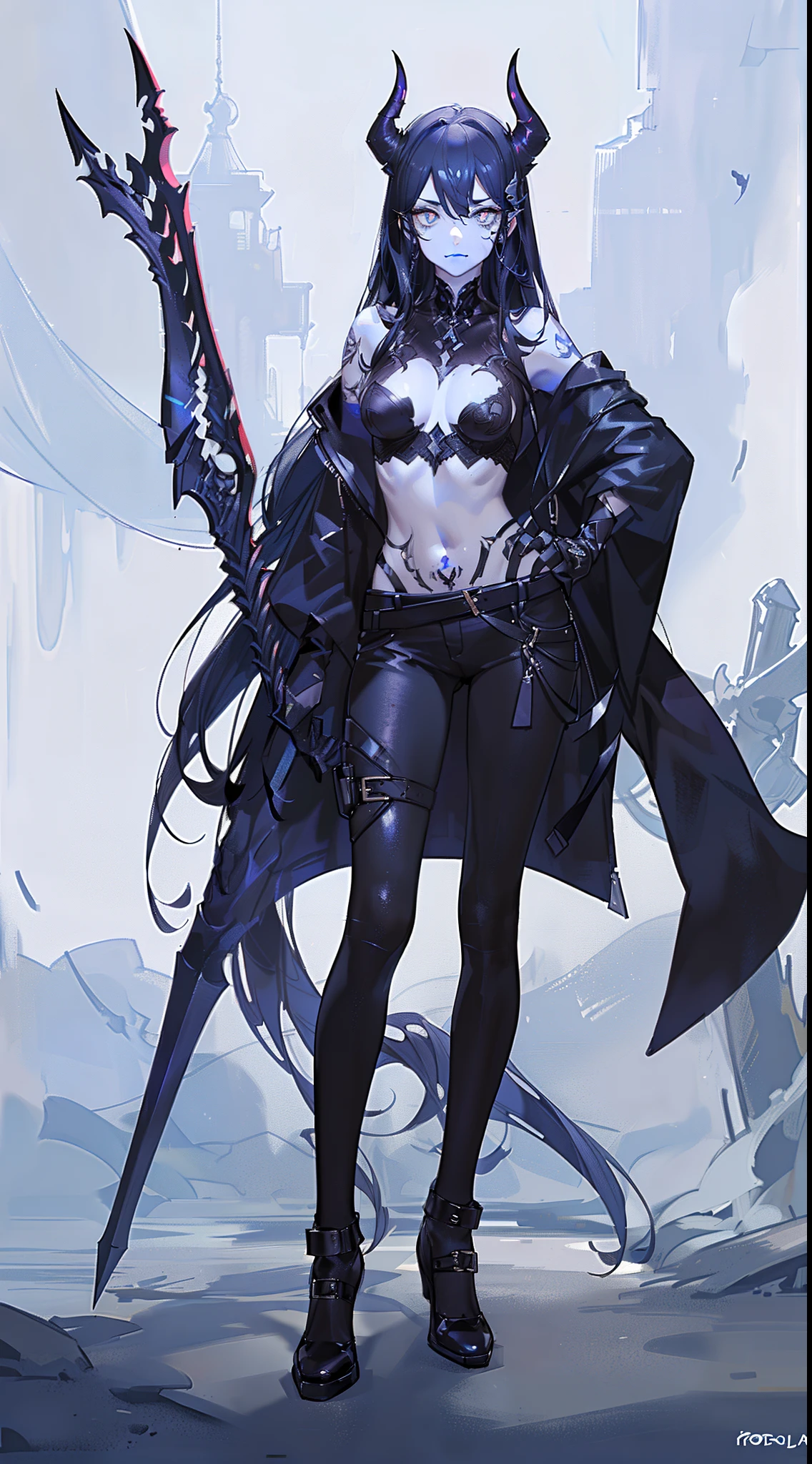 adult man, Long black hair, eyes without pupils, blue skin, Thin, open torso, Tatoo, Demon Pants, spear, emotionless look, blue lipstick, Masterpiece, hiquality