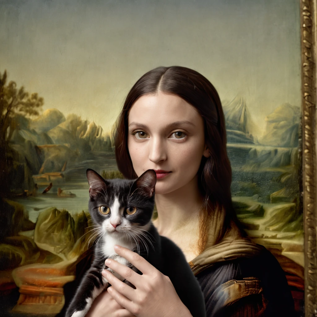 Mona Lisa holding the kitten