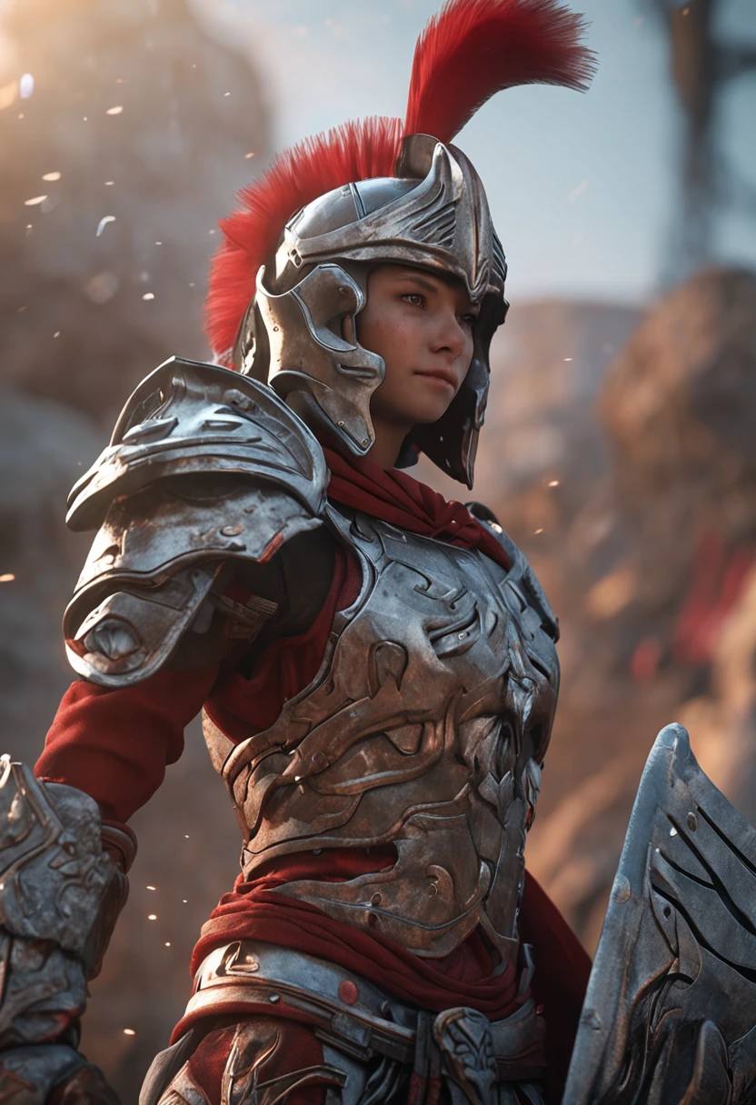Junior Centurion Warrior, Red and gray armor, Men and women work together, Men and women side by side, cheerfulness, Female Warrior, ultra - detailed, 8K, Unreal Engine 5, celebrating, Beautiful anime style girl all over, clean detailed faces, underdressing, analogous colors, Glowing shadow, beautiful gradation, Depth of field, Clean image, Football field setting, High quality, High detail, High definition, Luminous Studio graphics engine, Cute face, Heroic, sword, victory, full bodyesbian, Extremely detailed face, Bright eyes, Beautiful girl, fantasy, complimentary colours, insanely detailed and intricate, Ultra photo realsisim, Super detailed, Ultra HD, Vivid, Low angle