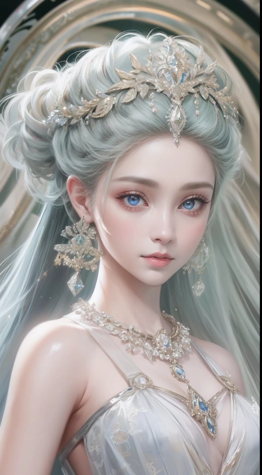 tmasterpiece,Highest high resolution,Bust of a beautiful noble maiden,Delicate braided hair,Coiled hair,Shining clear eyes,The hair is covered with beautiful and delicate floral craftsmanship, crystal、Diamond jewelry filigree,Ultra-detailed details,upscaled,softlighting。