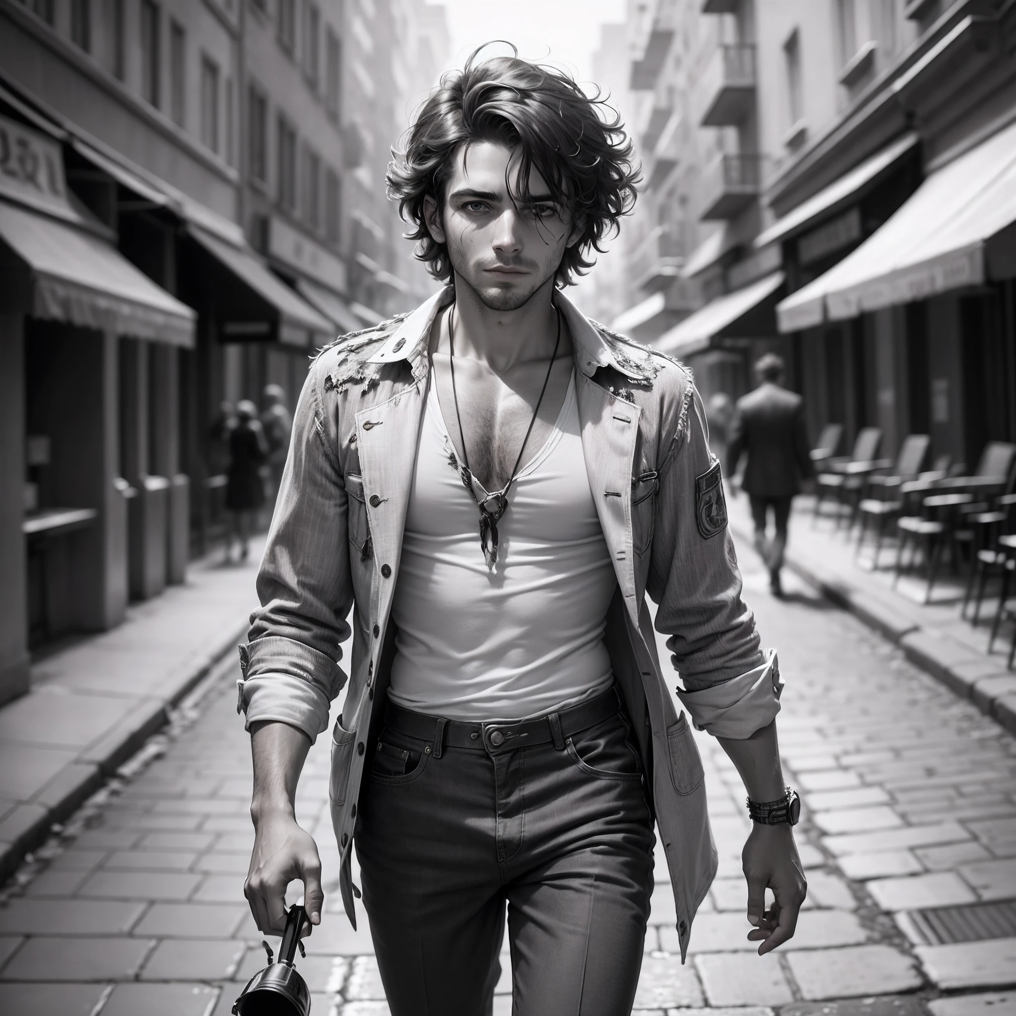 Portrait of young messy man, tousled hair, stubble, walking on avenue, handsome, sweet eyes conveying vulnerability, dressed in tattered clothing, focus on film grain, backdrop of 1930s architecture, cobblestone streets, lampposts casting soft light, black and white, style reminiscent of 1930s, --auto --s2