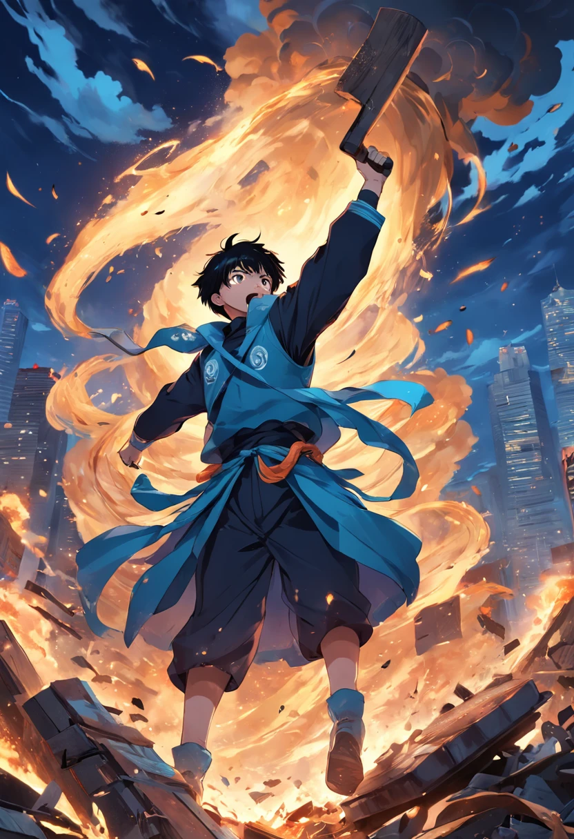 The hero Haotian jumped on a pile of tall scrap,Wielding a garbage shovel,Wave to the sky,It's like performing some kind of ritual。
