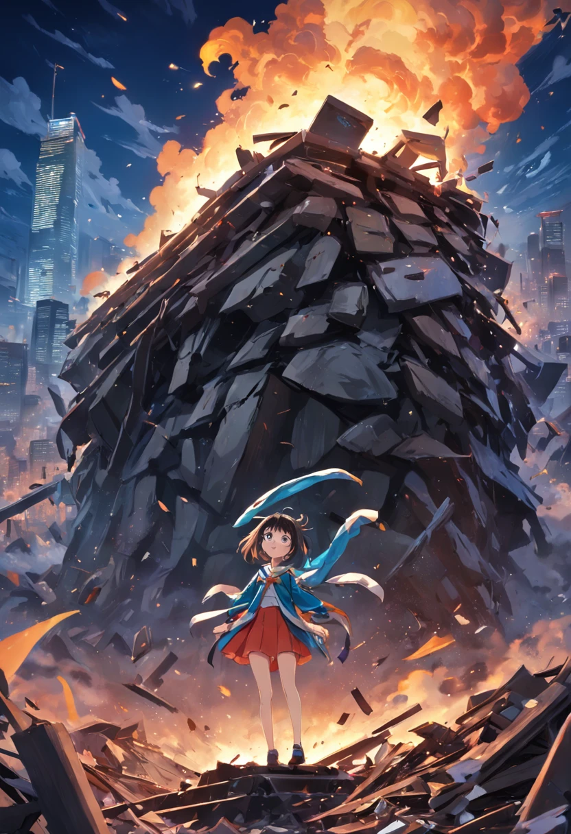 The hero Haotian jumped on a pile of tall scrap,Wielding a garbage shovel,Wave to the sky,It's like performing some kind of ritual。