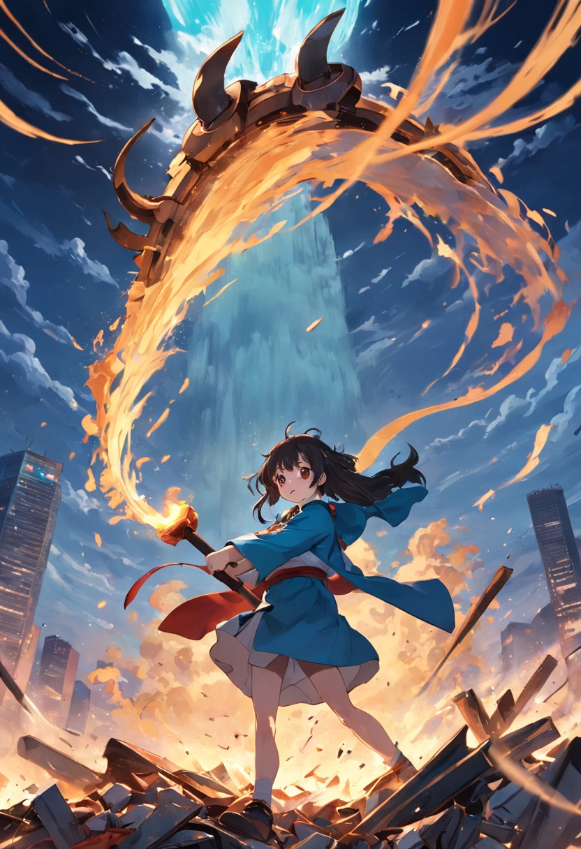 The hero Haotian jumped on a pile of tall scrap,Wielding a garbage shovel,Wave to the sky,It's like performing some kind of ritual。