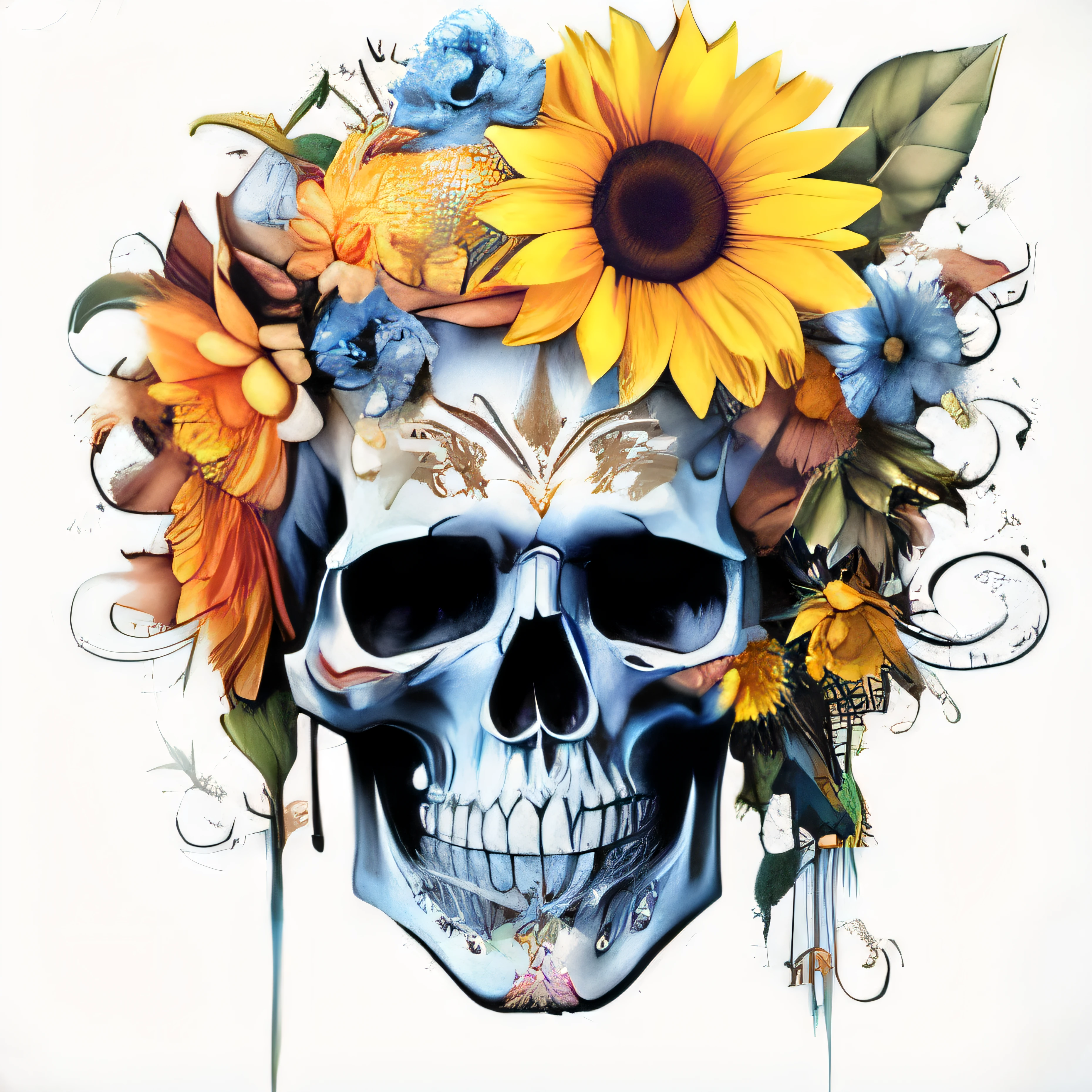 skull with sunflowers and leaves on it's head, with a crown of skulls, profile pic, fantasy skull, sugar skull, skull tattoo, sacred skull, scary detailed art in color, skull paint, skull bones flowers, day of the dead, day of all the dead, a full-color airbrushed, calavera, profile image, death skull