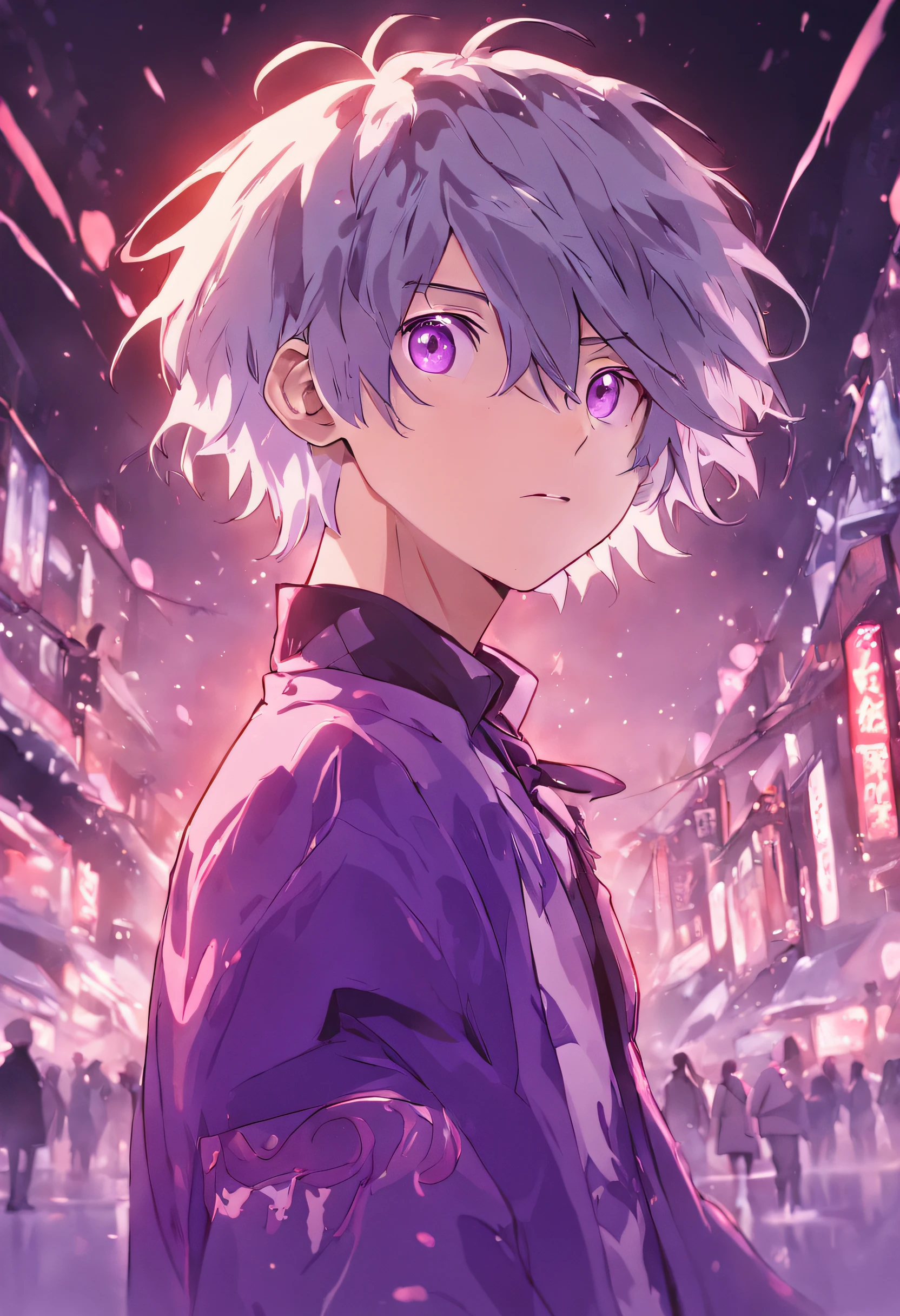 (-yeld bo.2) with gray hair, wearing a stylish cow print shirt, and captivating purple eyes.