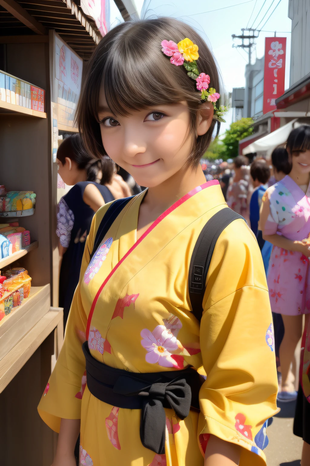 1 girl in、
sixteen years old、
Girls have short hair, 
short-hair、
Black hair, 

Front view,
Summer Festivals、
Japan Festival Venue、
natta、
Wearing a cute yukata,
Cute yellow yukata、
floral Yukata、
Obi、
short-hair、
Cute Hair Ornament、

Lined with food stalls、
Have fun、
Goldfish scoop、
Balloon Yoyo、