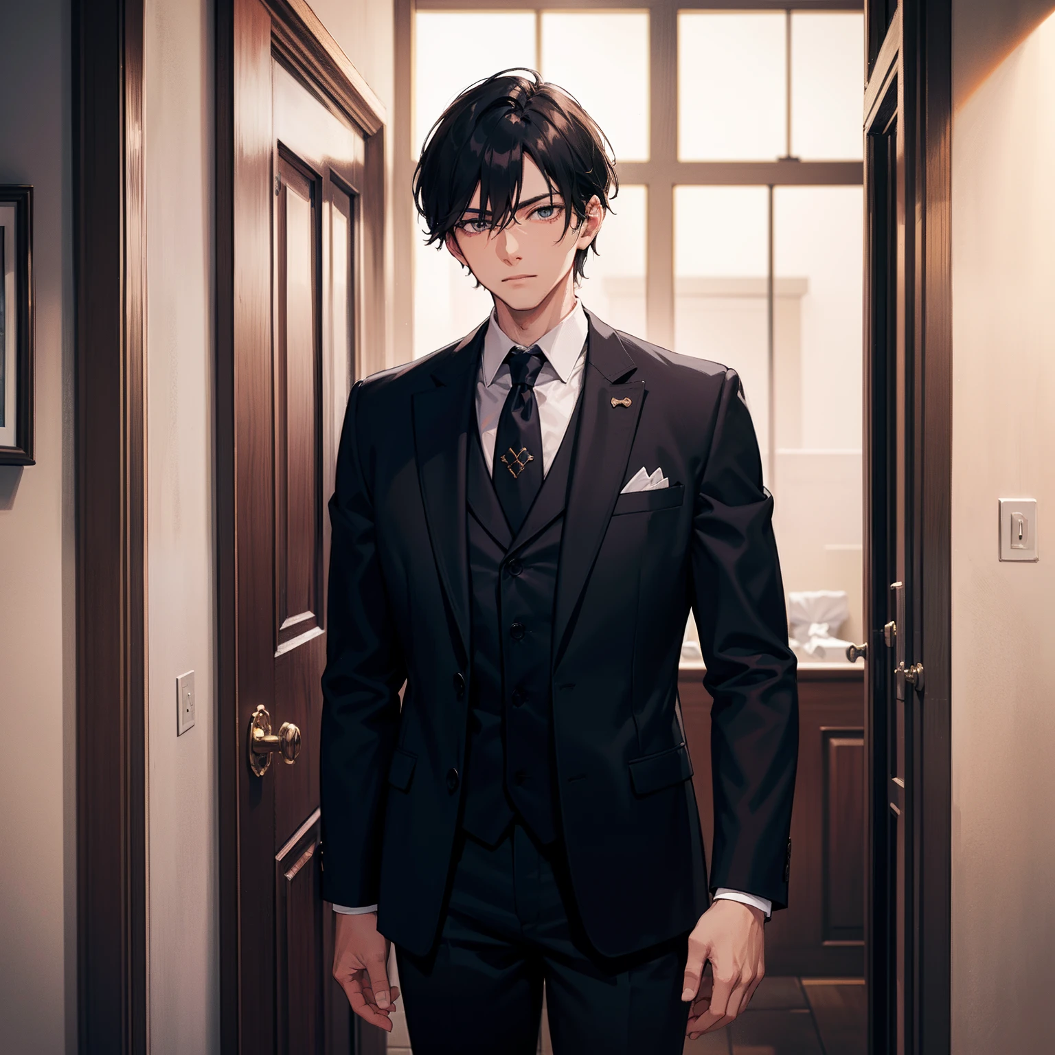 gentleman, Dark colors, 4K, hyper HD, Masterpiece,At the funeral home door