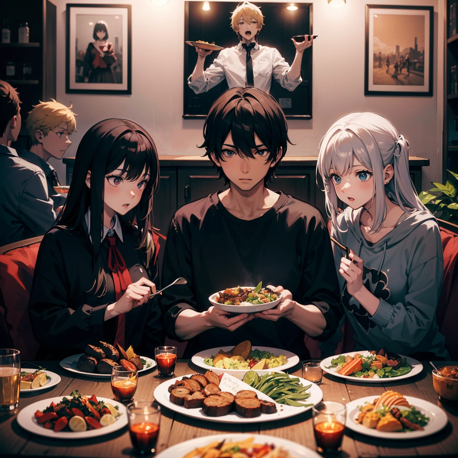 A group of people are feasting ,Illustration anime style,Dark tones 4K, hyper HD, Masterpiece