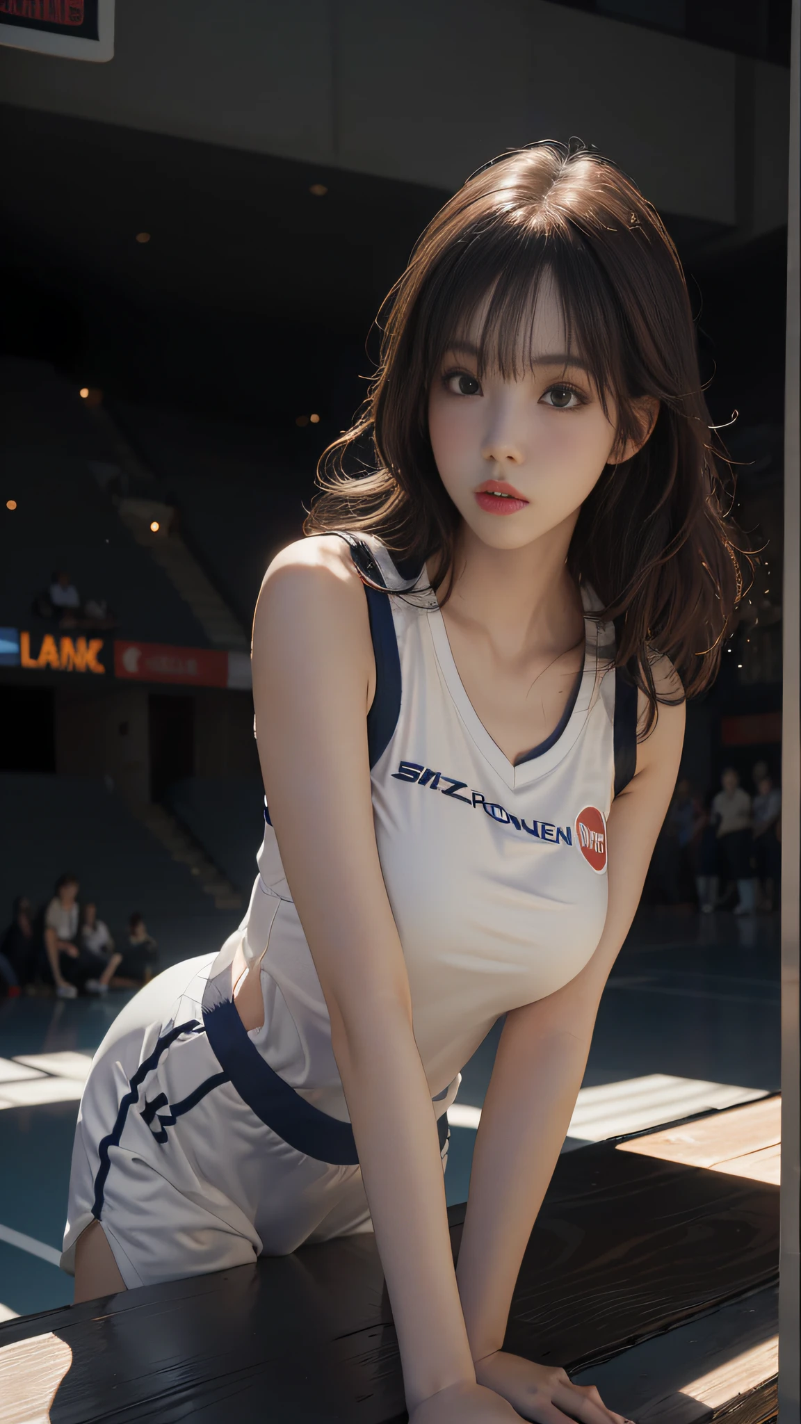 Masterpiece: 1.2, Best Quality), Realism, (Real Pictures, Intricate Details, Depth of Field), (1girl, Solo), Fair Skin, Delicate, Lee Ji-eun IU Face Shape, Lips Apart, High Detail, Perfect Face, (Huge Tits: 1.2) Wide Buttocks, Thin Waist, Ponytail, (Girl Playing Volleyball, White Volleyball Uniform, Flat Leg Shorts)