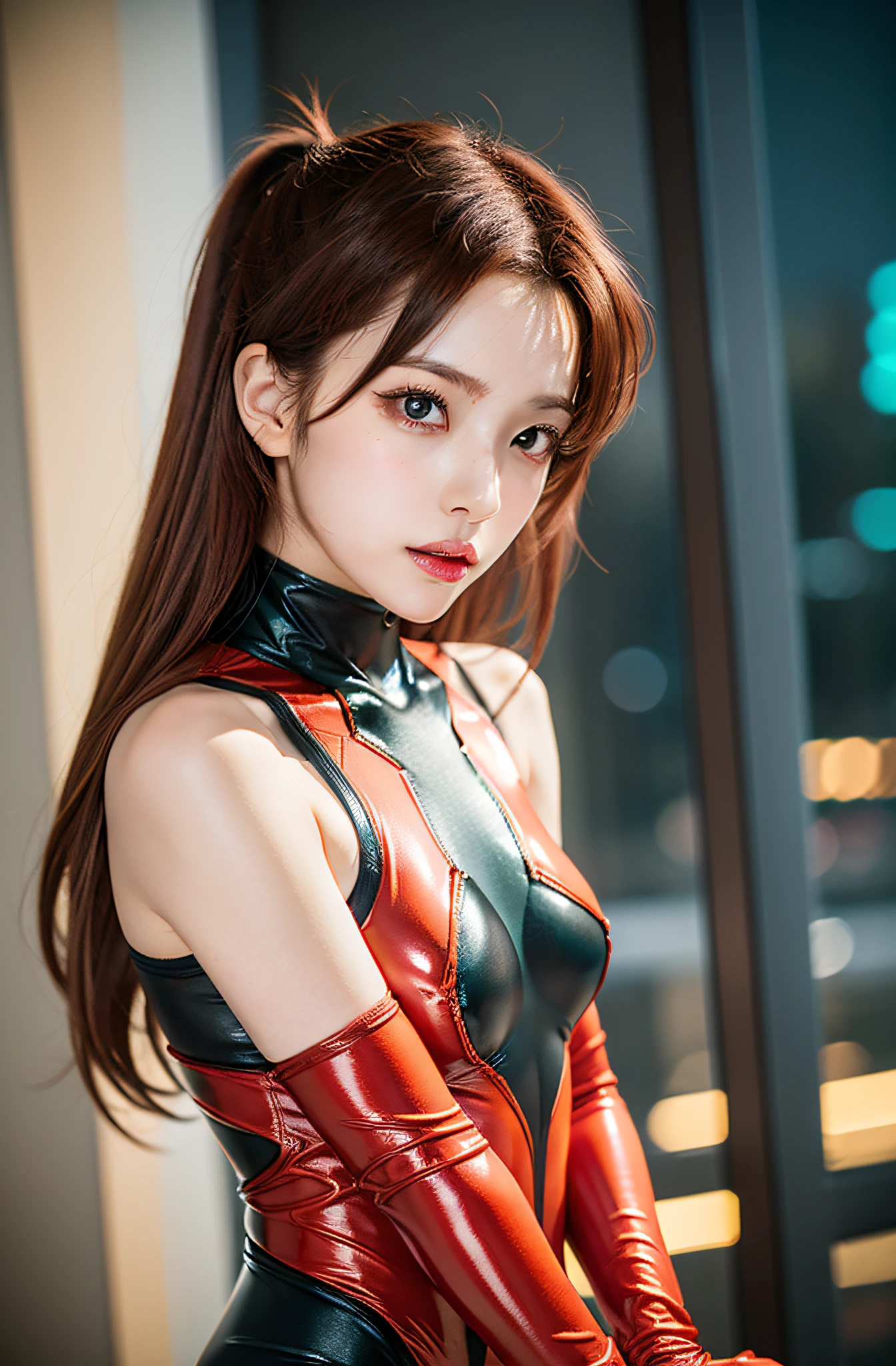 (masterpiece, best quality:1.2), 1girl, solo, professional lightings, cinematic lightings, 8k wallpaper, ultra realistic portrait of Regina, Dino crisis, (black bodysuit, body suit under body stockings, fingerless gloves, leotard, detached sleeves), knee high boots, detailed face, detailed eyes, fine eyes, highres, ultra realistic skin texture, ultra detailed skin texture, ultra slim waist, perfect slim body style, (red hair, extra shot hair:1.5), big eyes, double eyelids, (((ultra huge breasts, ultra huge tits, ultra huge boob, ultra huge cleavages))), (outdoors, passage way, net fences both sides in concrete passage way, exterior of narrow & tiny concrete facility in back, in deep jungle, dark atmosphere:1.35), ((realistic & detailed gesture of put your both hands up, exposed realistic shaved armpits, disclosed shaved underarms)), smile,