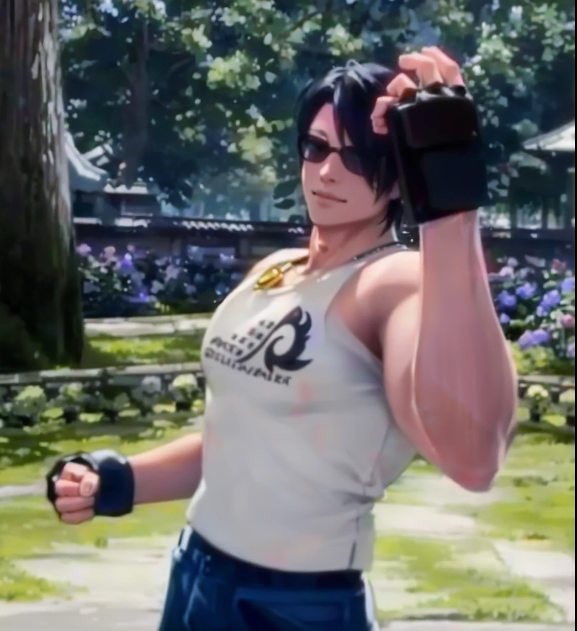 male people、Lunette de soleil、white tank tops、Leather handbags
