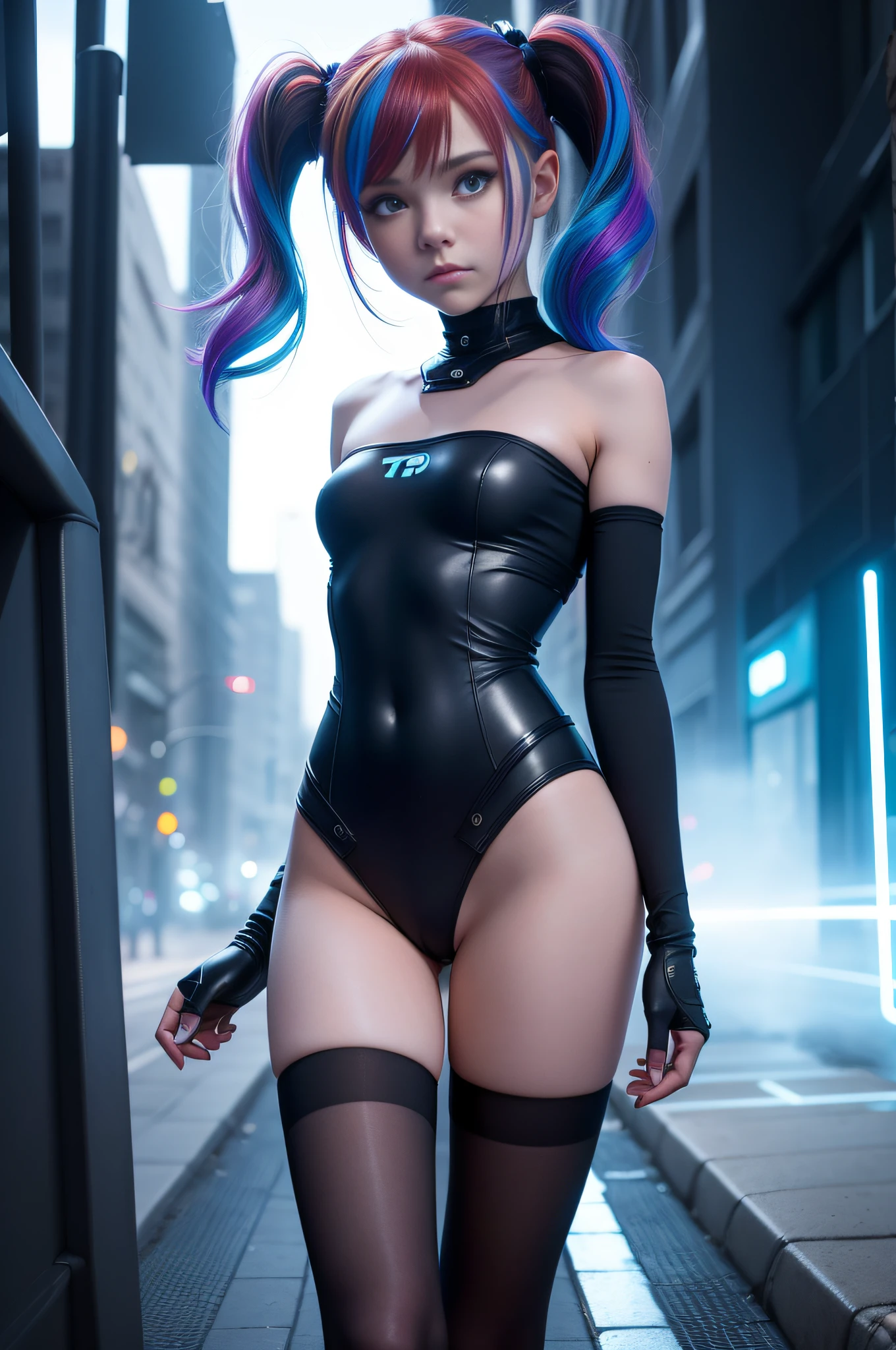 1 girl, solo, (nsfw), cute redhead 18-year-old girl in twin tails, ((perfect female body)), (cute face make up), multiple (rainbow colored hair: 1.2), (beautiful detailed blue eyes: 1.6), (photo realistic eyes: 1.6), happy, Ukrainian, (petite body), ((small hips)), pale white skin, (mini skirt and tube top), (matte pantyhose: 1.6), ("tron legacy" style background}, (night time), photo realistic.