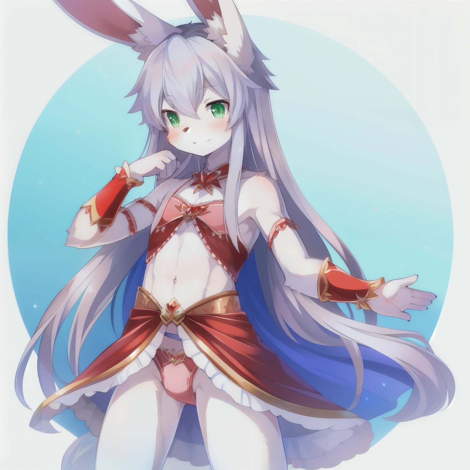 1boy, solo (thin:1.5), (twink), kemono, Furry, furry bunny, anthropomorphic, male, silver fur, green eyes, long hair, silver hair, magical girl theme, magical girl outfit, red magical girl dress, revealing outfit, uploaded on e621,