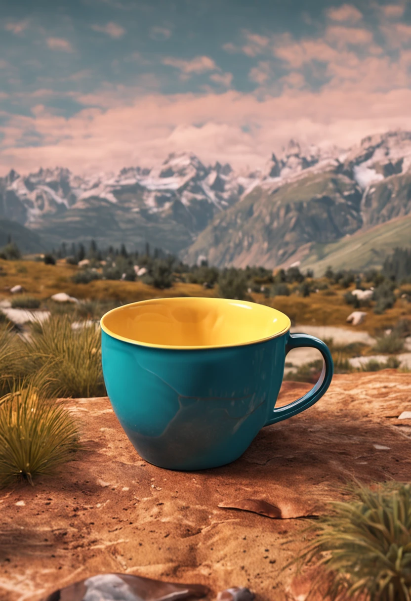 a mug with a camping illustration on it. Mug is enamel and pastel yellow color