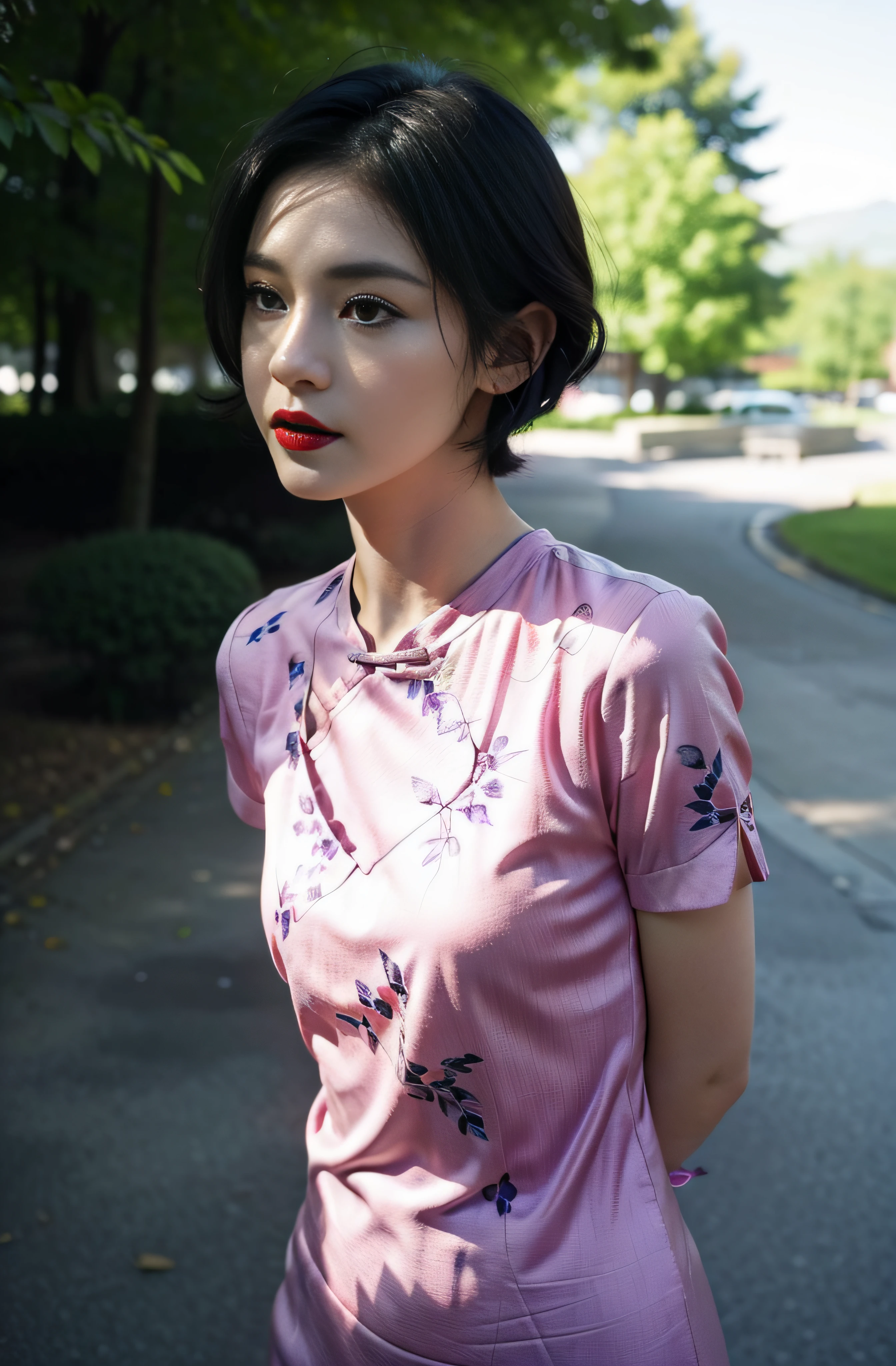 (purple printed china dress),1 girl,(short hair:1.1), (arms behind back:1.1),(realistic:1.7),((best quality)),absurdres,(ultra high res),(photorealistic:1.6),photorealistic,octane render,(hyperrealistic:1.2), (photorealistic face:1.2), (8k), (4k), (Masterpiece),(realistic skin texture), (illustration, cinematic lighting,wallpaper),( beautiful eyes:1.2),((((perfect face)))),(cute),(standing),(black hair),(short hair),black eyes,red lips, (outdoors),