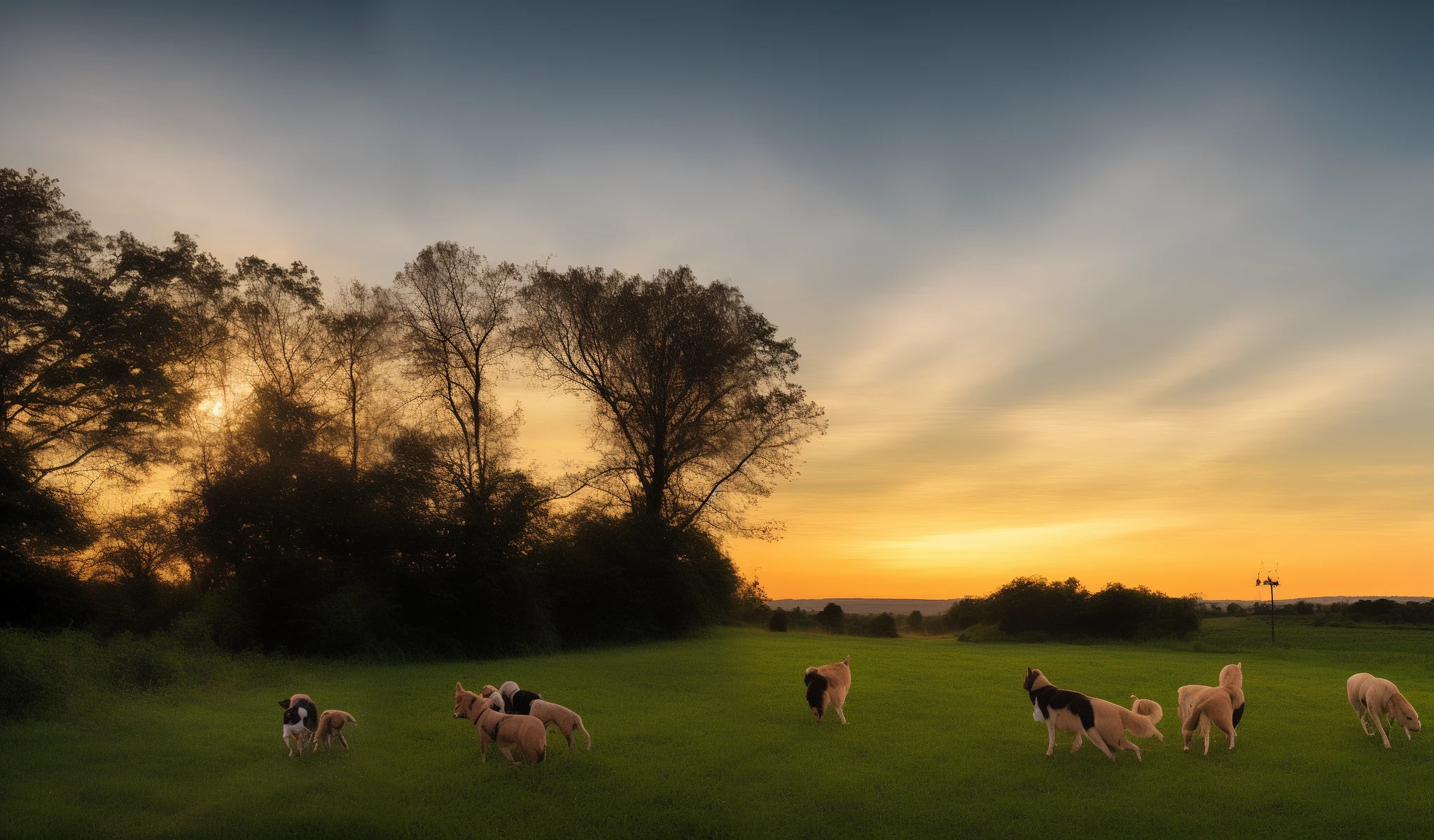 dusk countryside landscape with some farmers planting rice and walking in the fields, two houses with lights on, two dogs running around the house