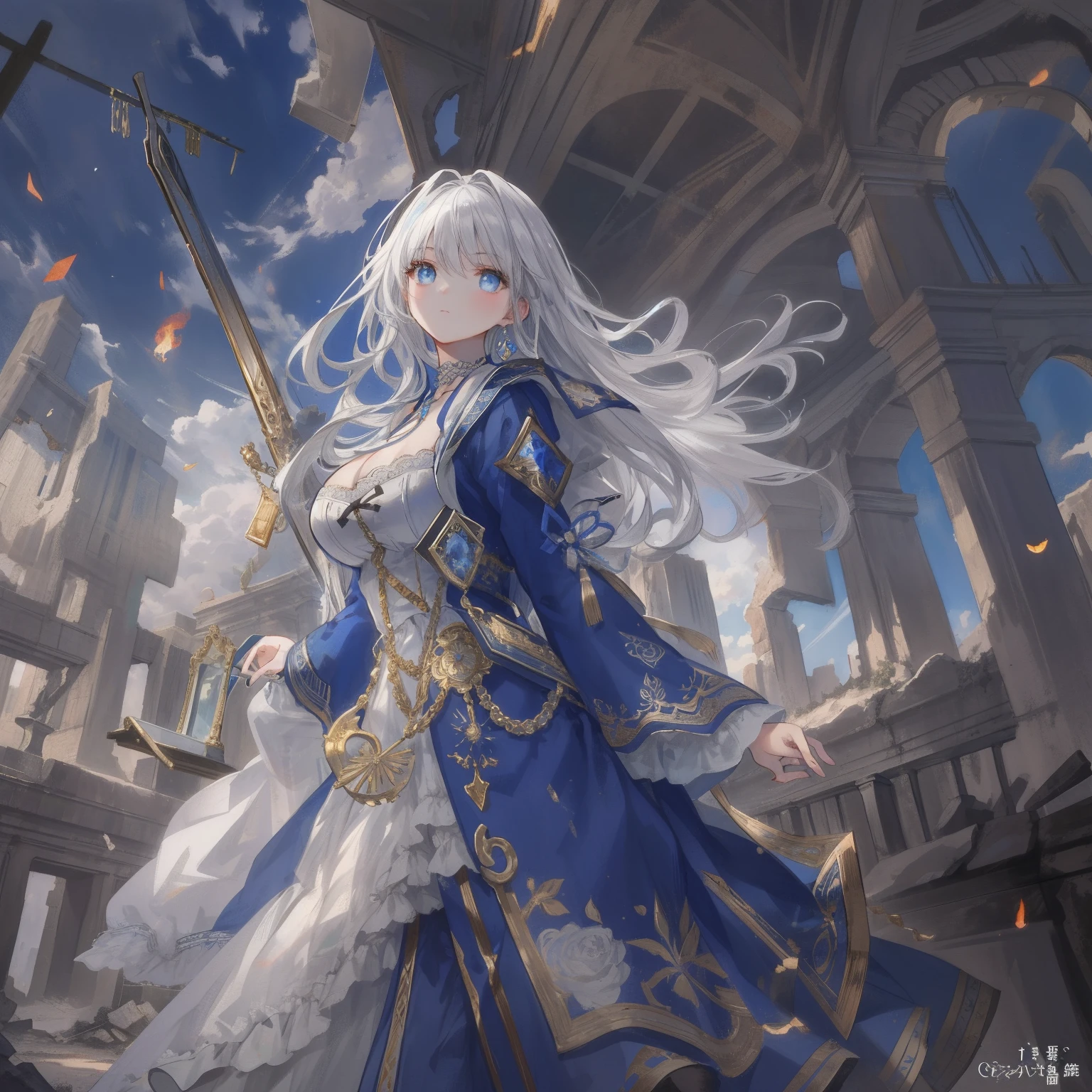 (tmasterpiece), (best qualtiy), ((1 rapariga)), astounding, beatiful detailed eyes, finely detailled, depth of fields, Original, (best qualtiy), (ultra-detailliert), (Most Best Illustration), (best illuminate, Best shadow), (Very fine and beautiful)), Very detailed wallpaper, Dream background, From the side Side, scenecy, Young girls, Lori huge breasts cleavage, full bodyesbian, Long gray hair, ((Gray eye)), beatiful detailed eyes, mediuml breasts, (((Cobalt long dress)), Fluffy long sleeves, hair adornments, choker necklace, optic, Light makeup, outside, wind blown, afloat, Magic Circles,On the cabinet,UHR,mirrors,mid-air,(Among the ruins),(Flying flames),by lake