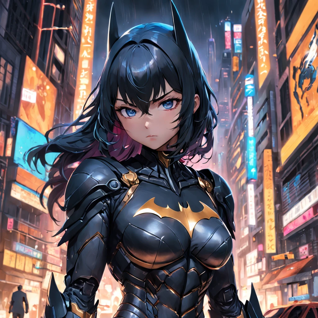 Realistic depiction of an advanced cybersuit, Woman dressed as Batman from DC Comics