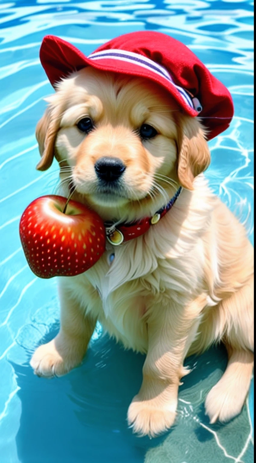 : 3. Golden retriever puppy, realistic, hairy, swimming clothed animal, apple, clear circles, blush, cherry, food, fruit, full body, hat, non-human, strawberry, tomato, watermelon