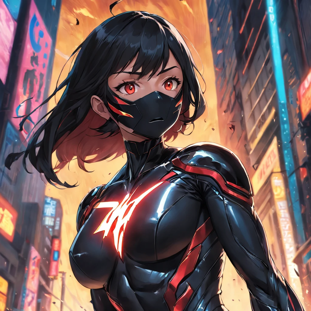 Realistic depiction of an advanced cybersuit, Woman dressed as Black Flash from DC Comics