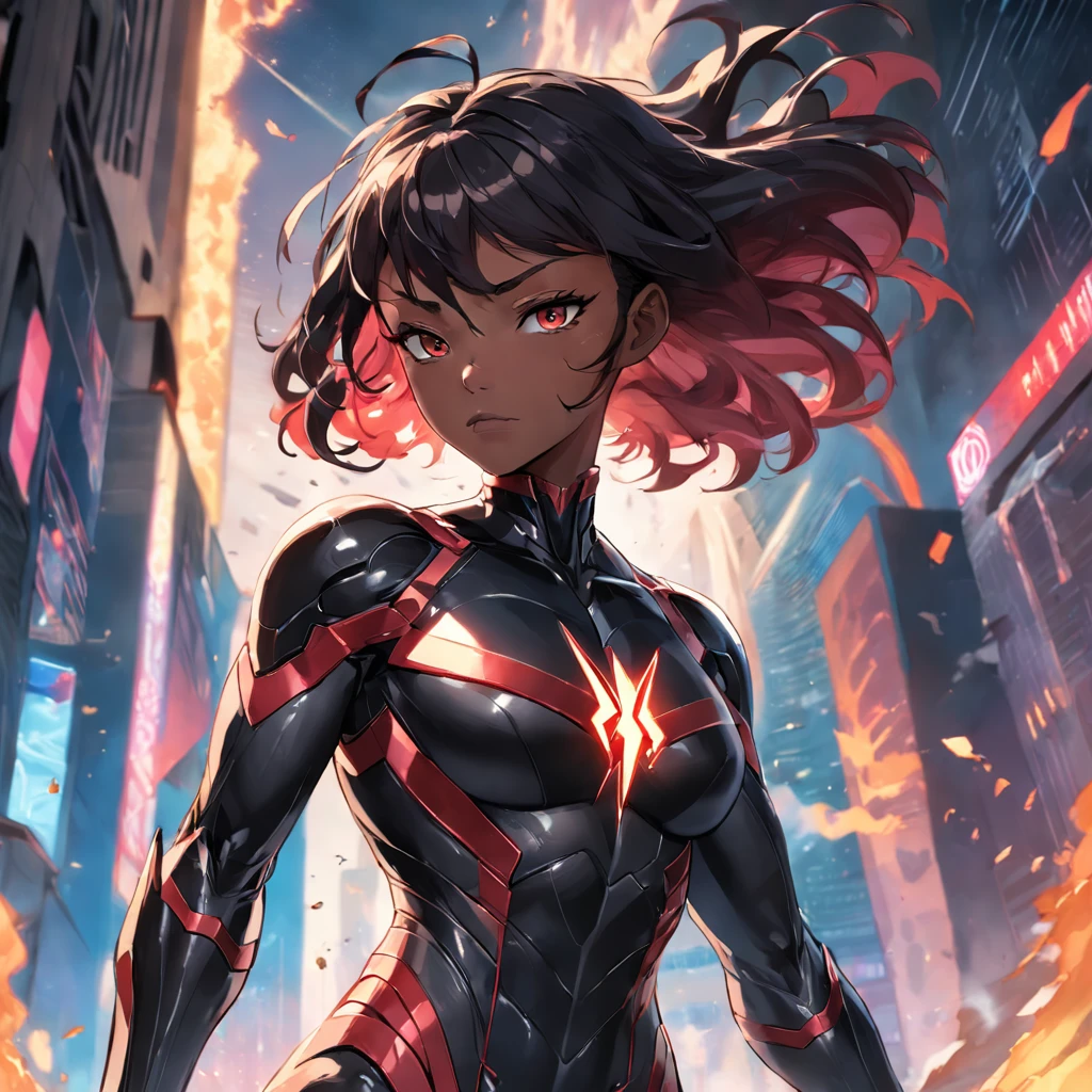 Realistic depiction of an advanced cybersuit, Woman dressed as Black Flash from DC Comics