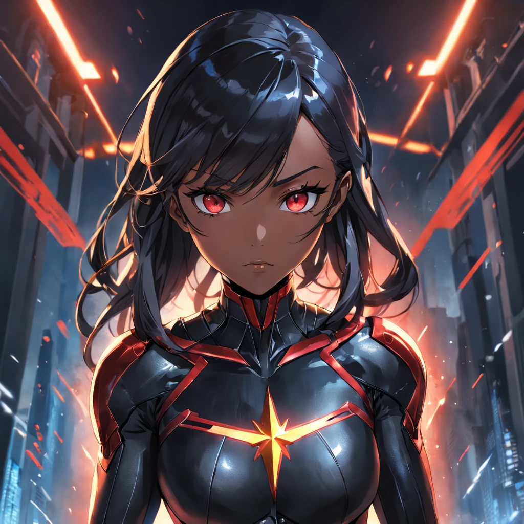 Realistic depiction of an advanced cybersuit, Woman dressed as Black Flash from DC Comics